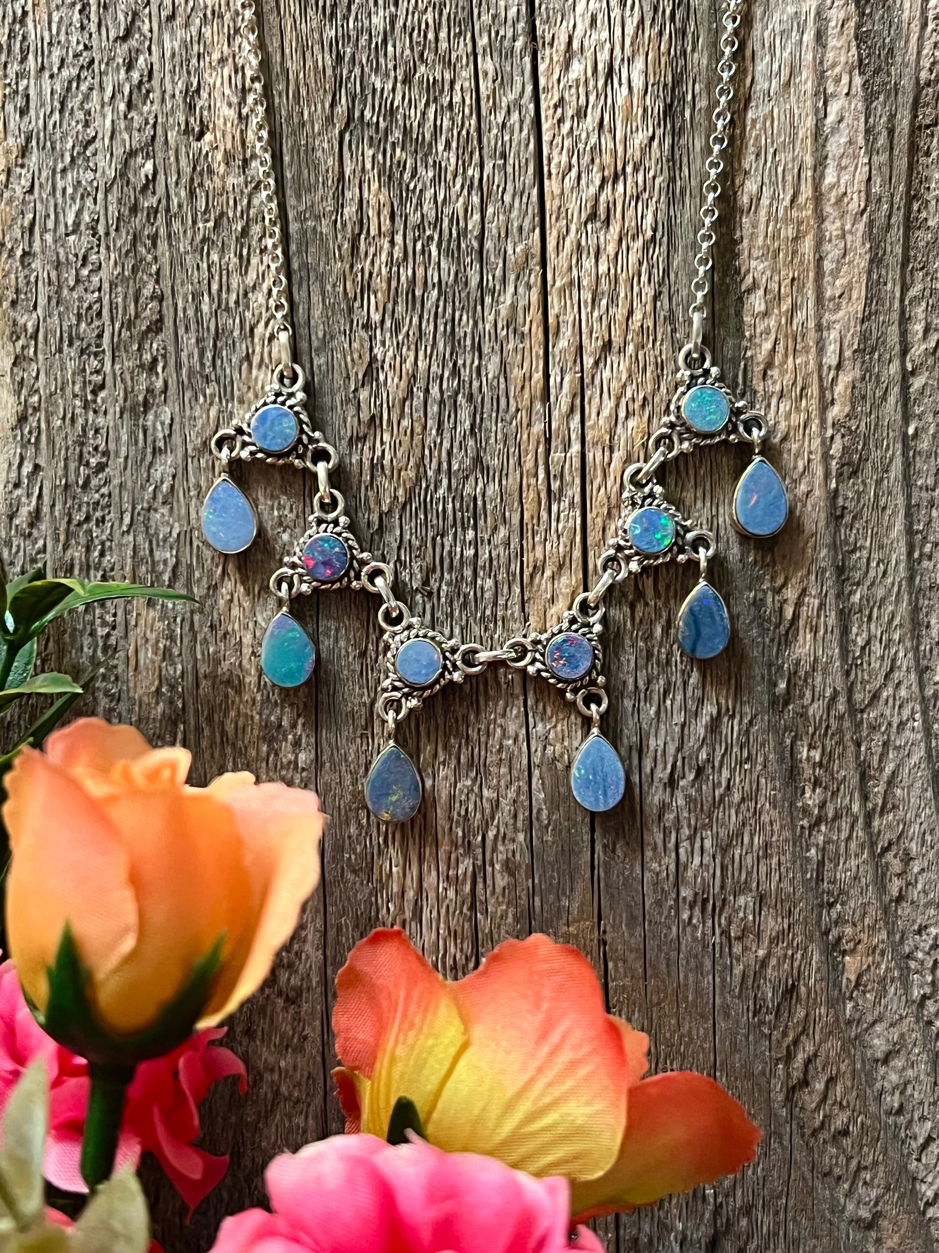 Handmade Light Blue Opal & Fire Blue Opal Sterling Silver Chandelier Necklace