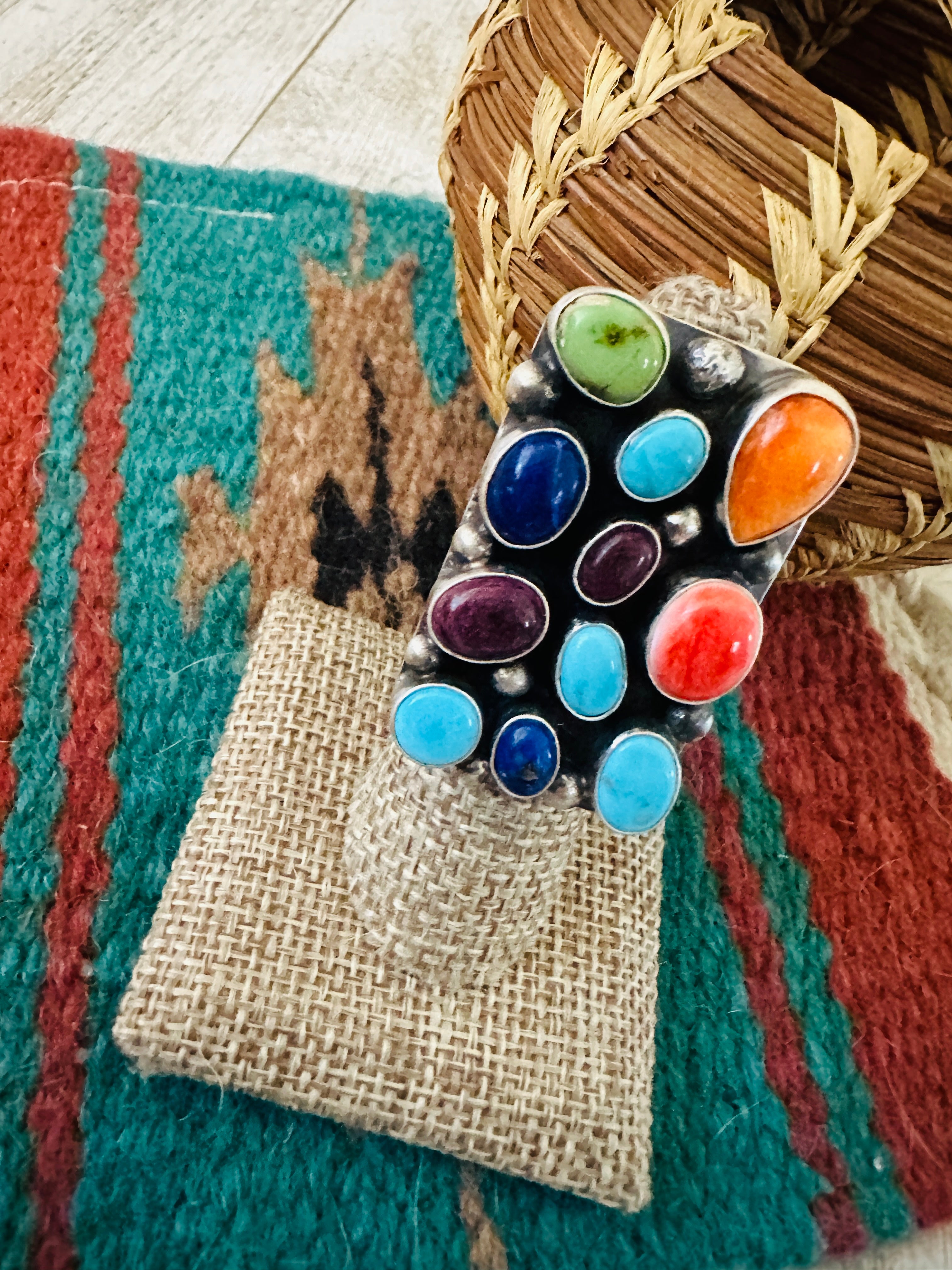 Handcrafted Sterling Silver & Multi Stone Cluster Ring Size 6