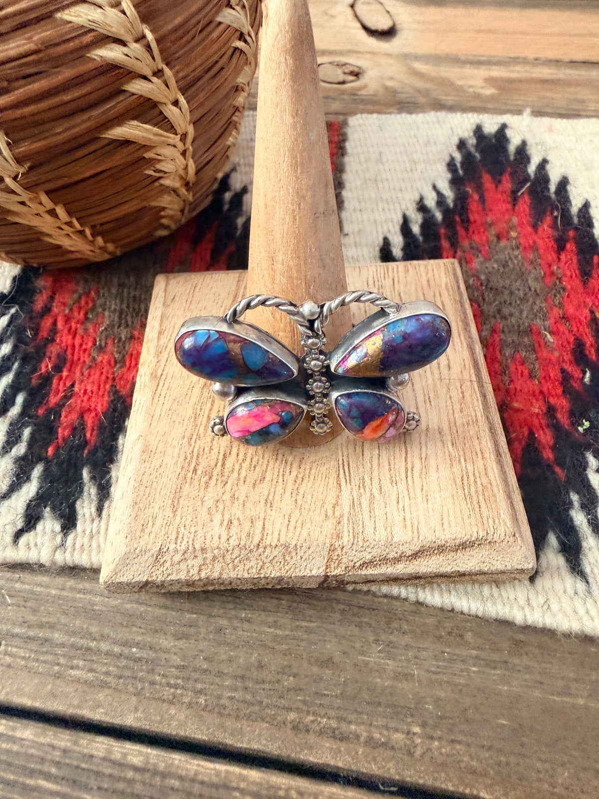 Handcrafted Pink Dream Mojave & Sterling Silver Adjustable Butterfly Ring