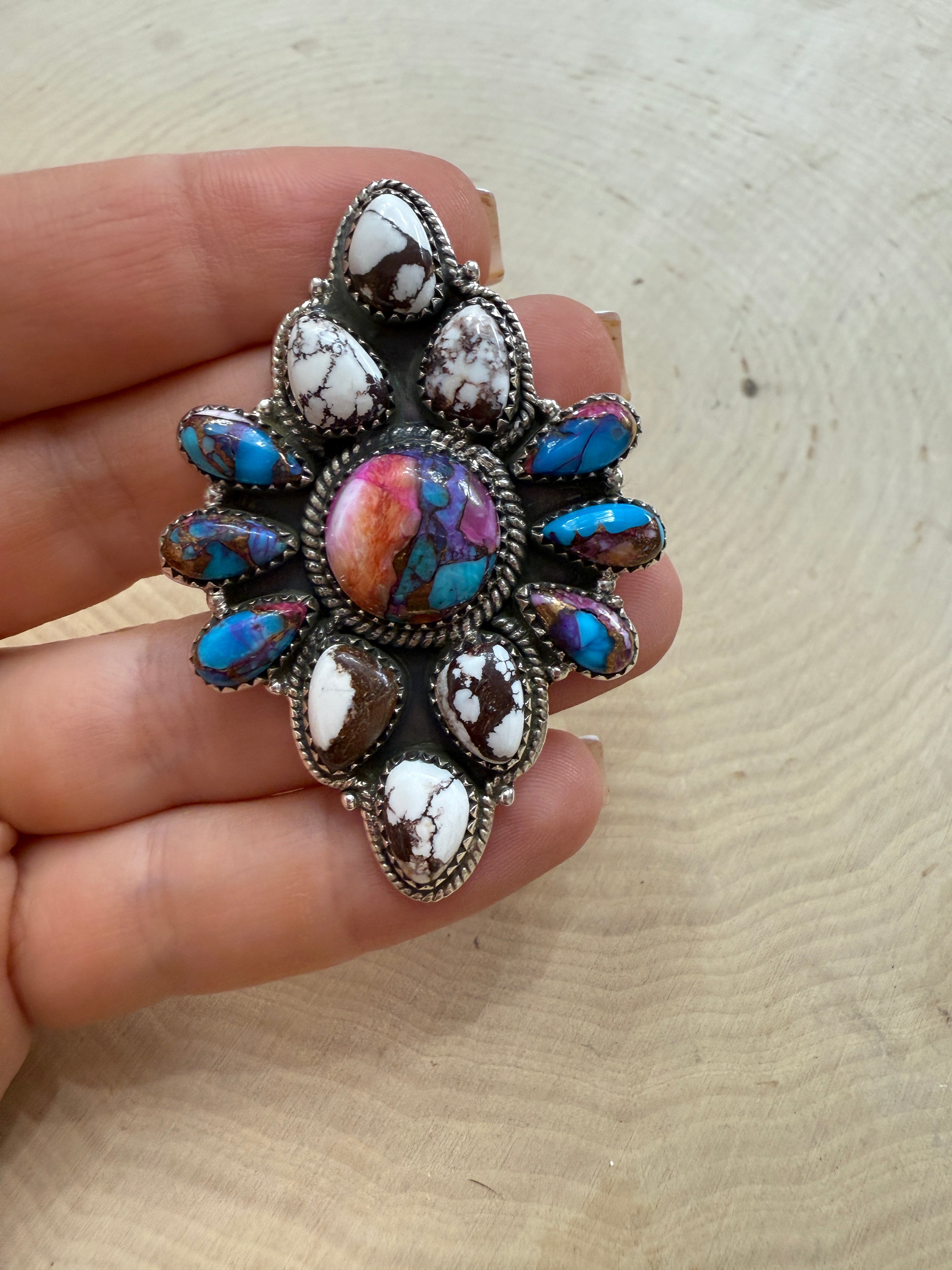 Beautiful Handmade Wild Horse, Pink Dream Mojave And Sterling Silver Adjustable Statement Ring