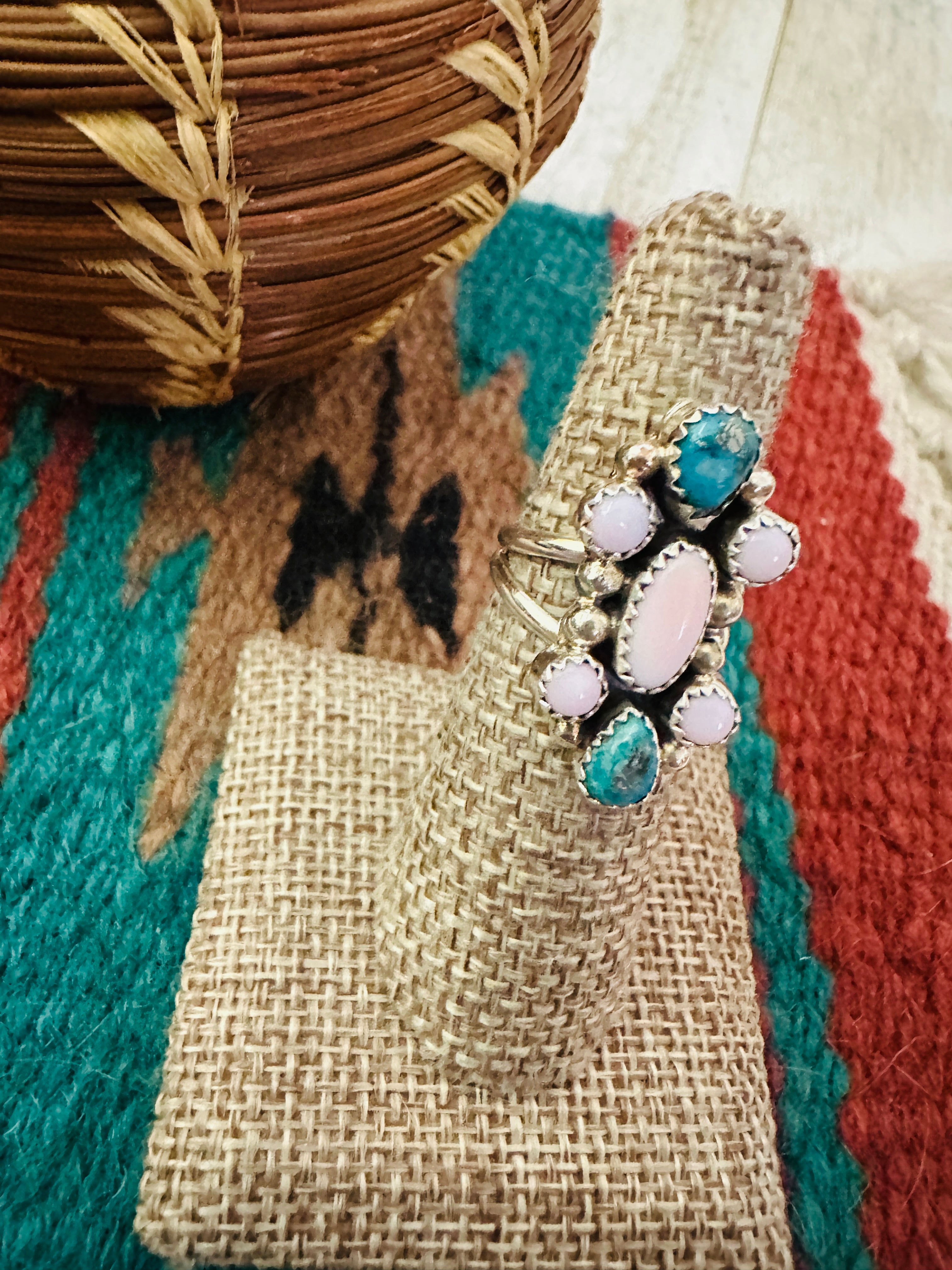 Handcrafted Turquoise, Queen Pink Conch & Sterling Silver Ring