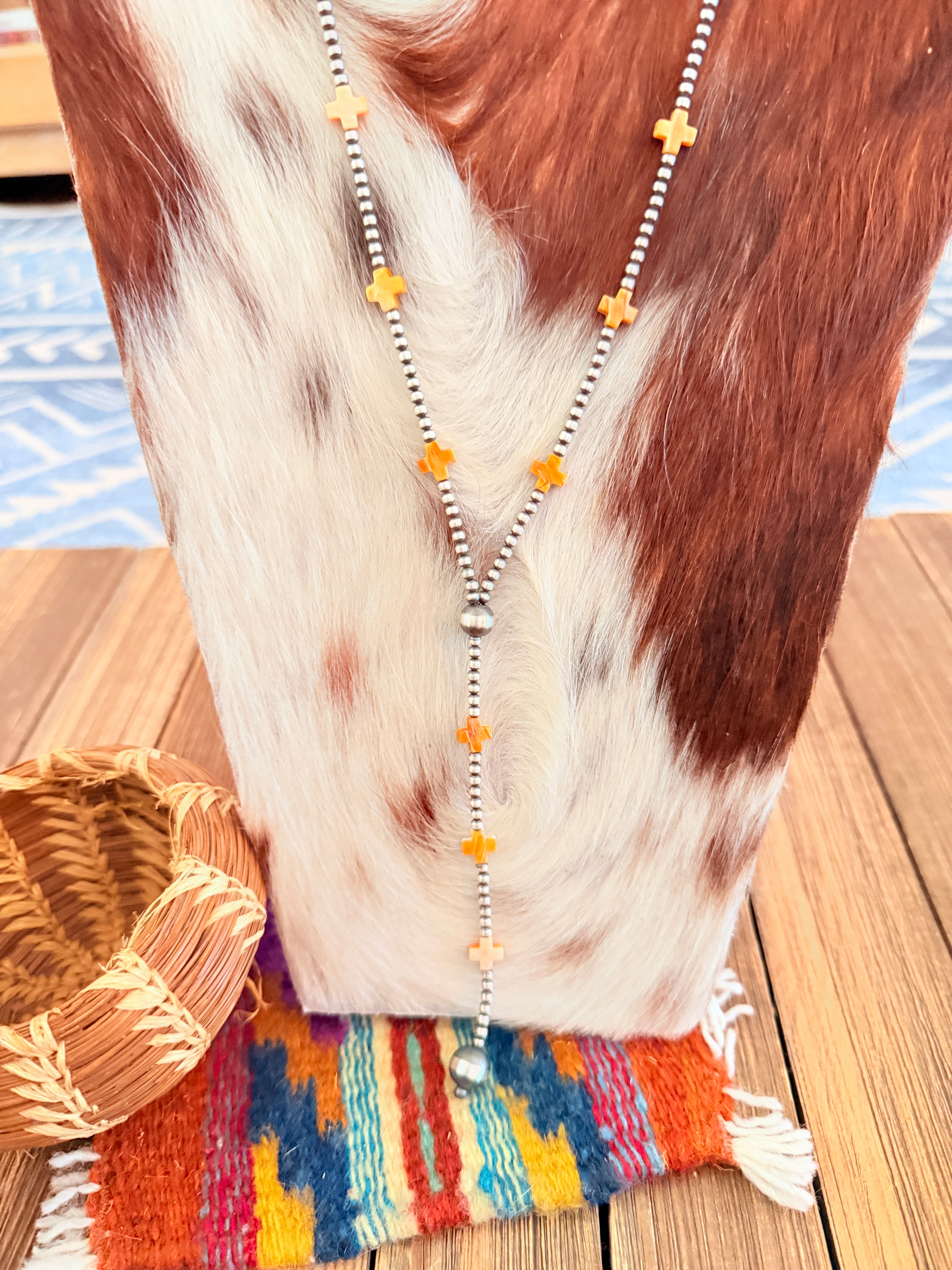 Handcrafted Spiny Oyster & Sterling Silver Pearl 20” Beaded Lariat Necklace