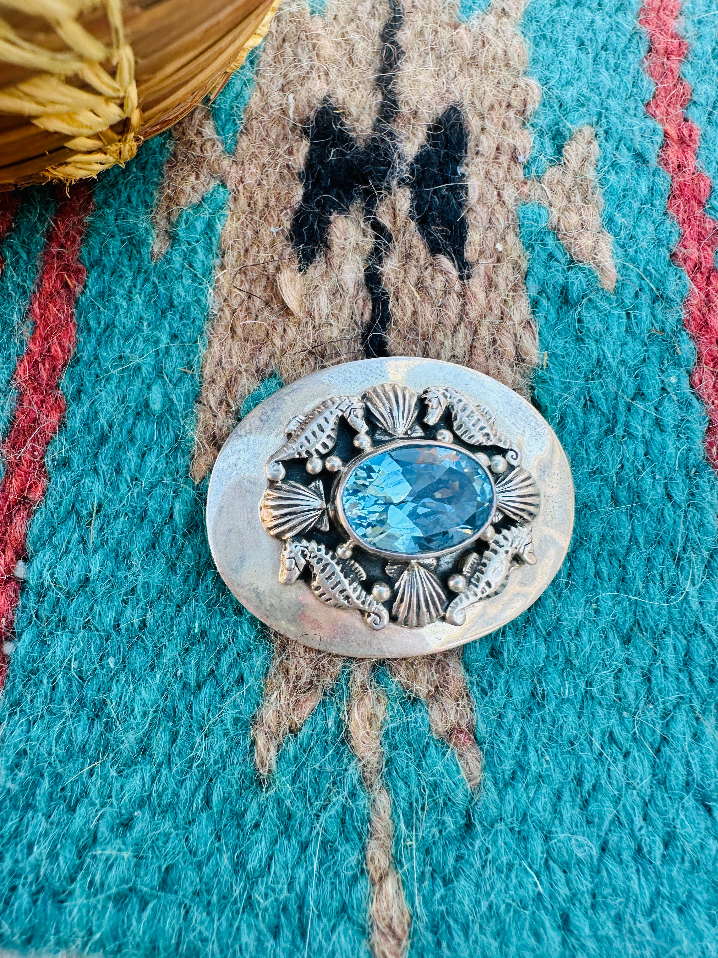 Handcrafted Old Pawn Sterling Silver & Topaz Seahorse Brooch