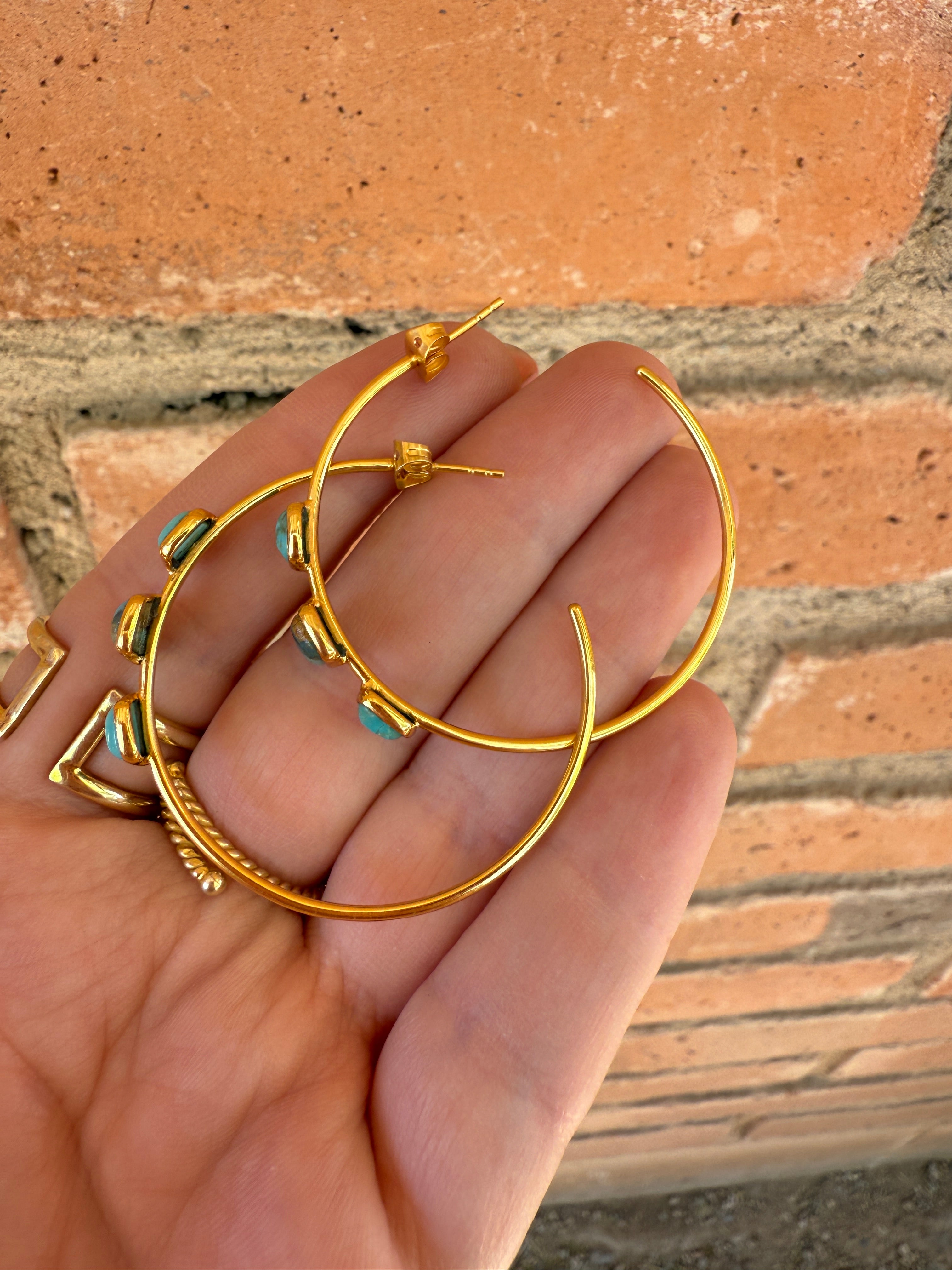 “The Golden Collection” Golden Hoops Handmade Turquoise & Gold Plated Hoop 3 Stone Earrings