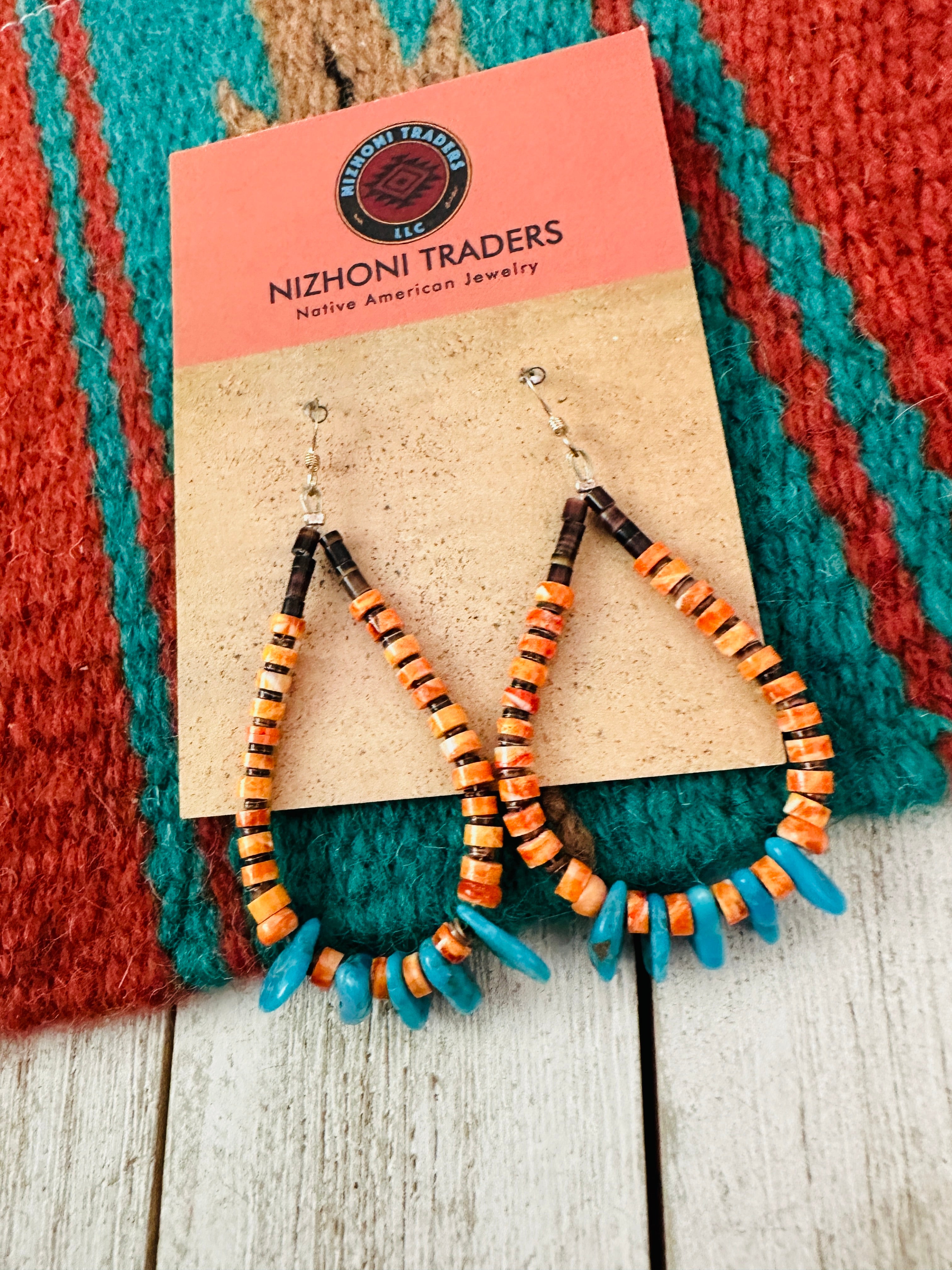 Handcrafted Turquoise, Spiny & Heishi Beaded Hoop Earrings