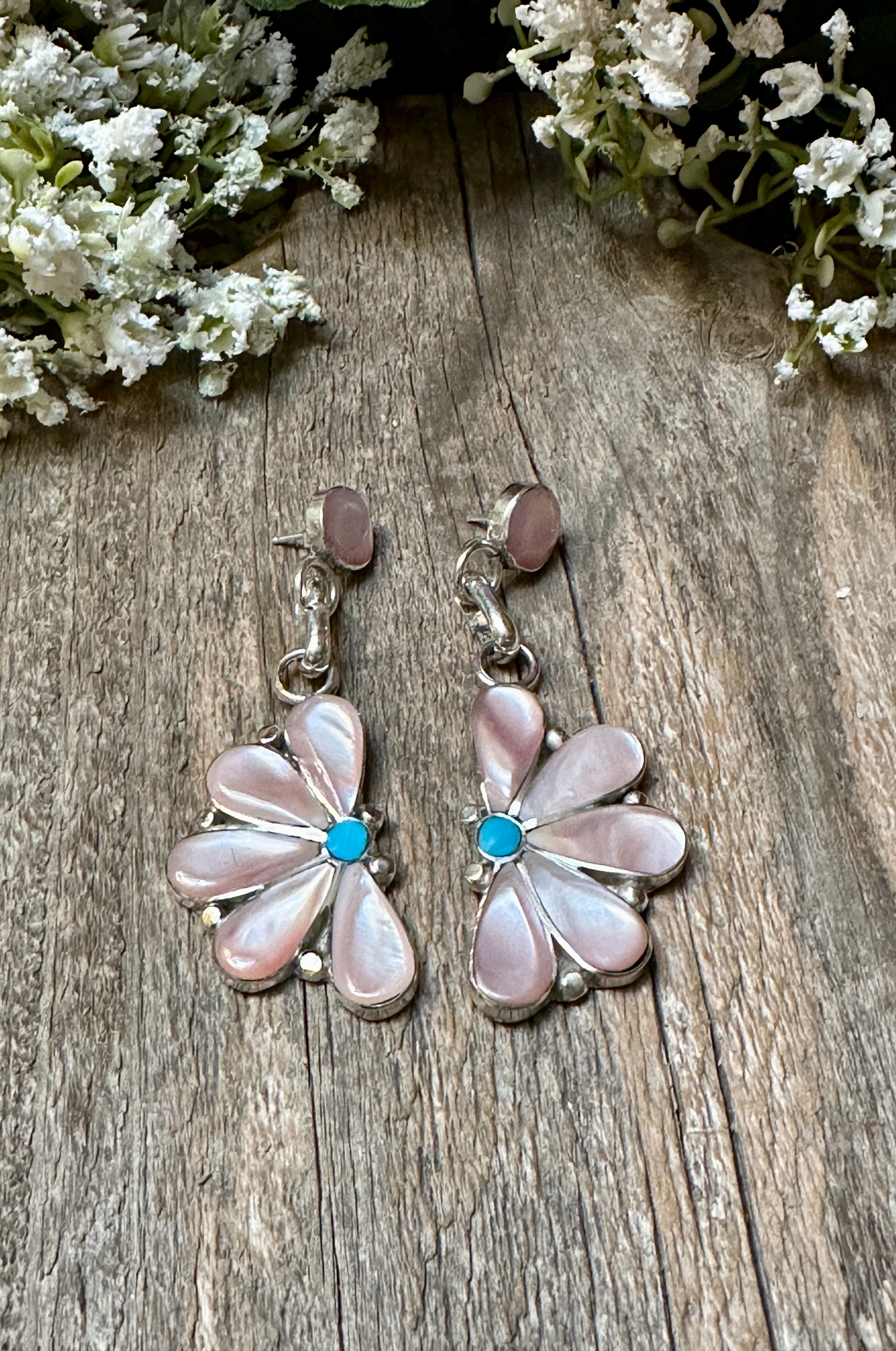 Handcrafted Pink Mother of Pearl & Turquoise Sterling Silver Flower Earrings