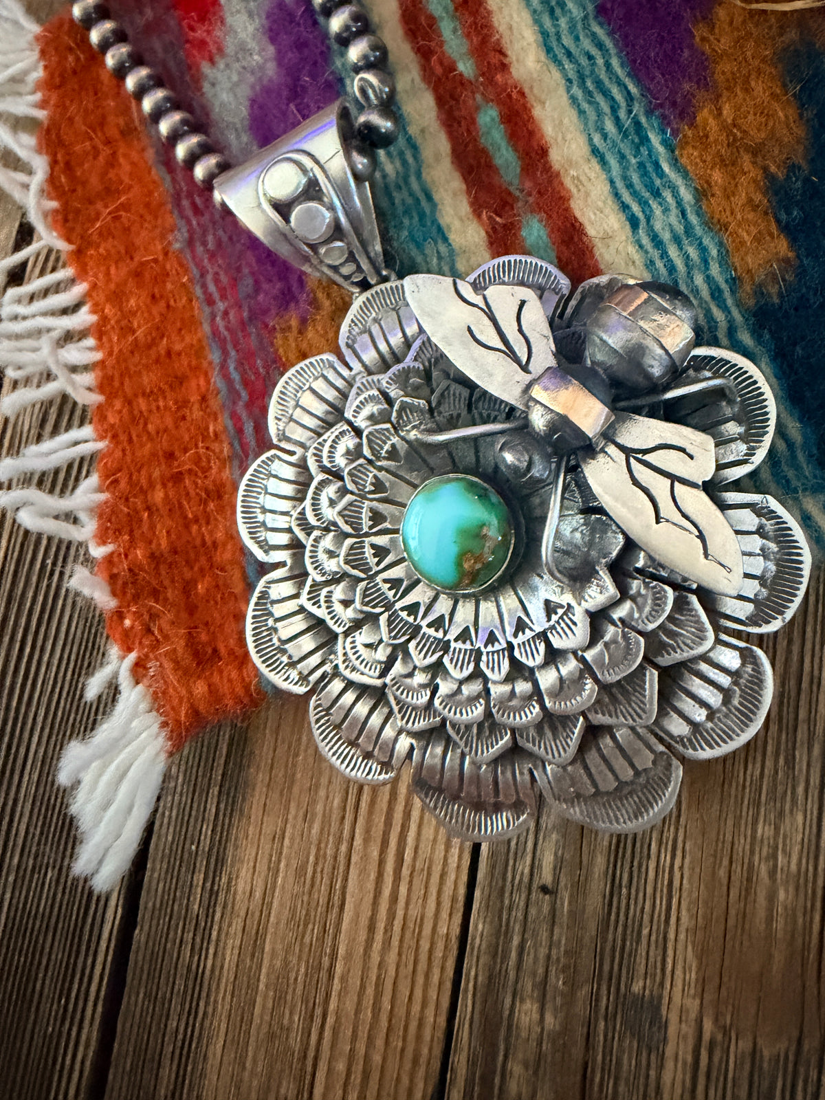 Handcrafted Sterling Silver & Turquoise Sunflower Necklace with Bee by Russell Sam