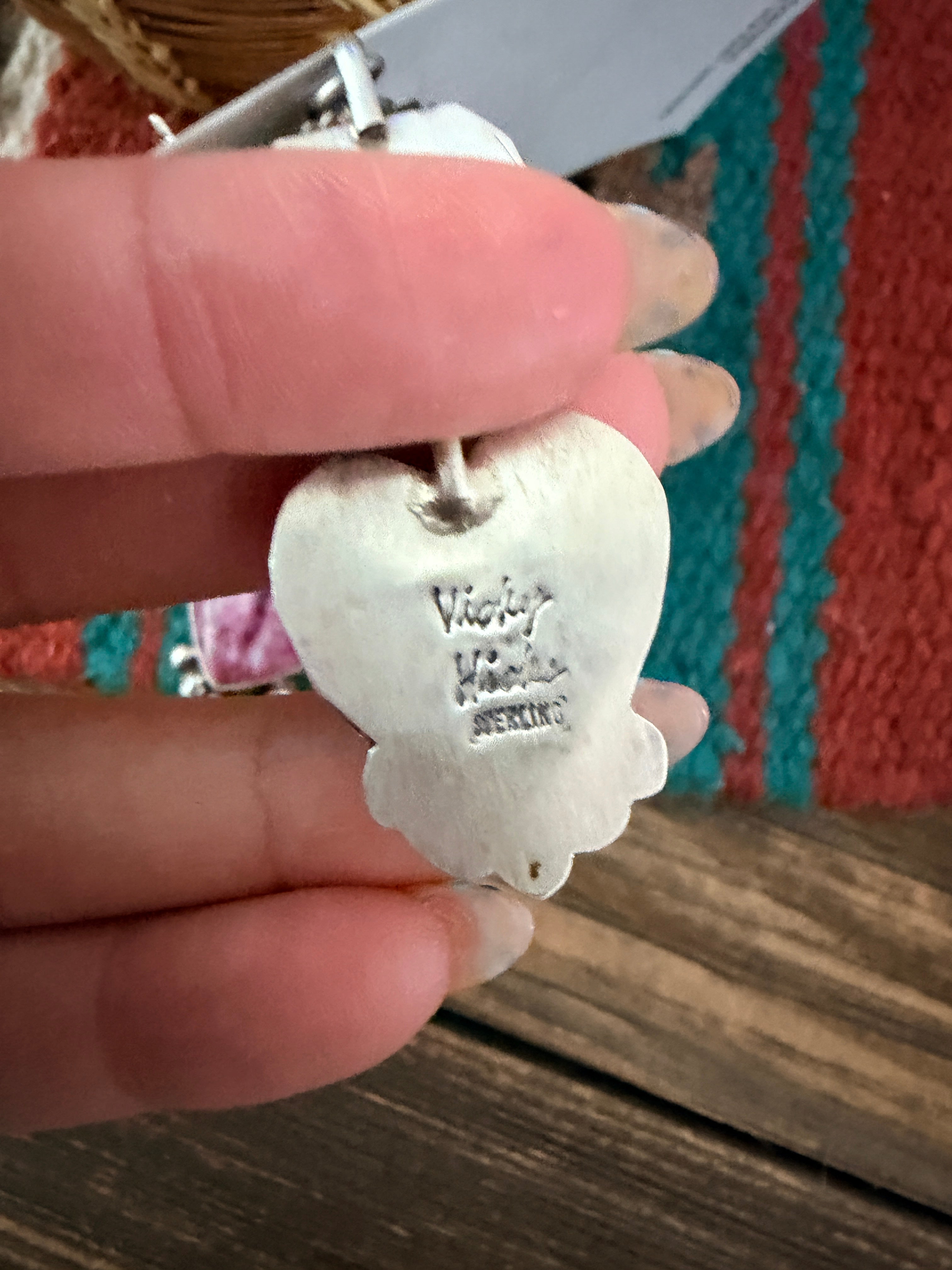 Handcrafted Sterling Silver, Spiny Oyster & Queen Pink Conch Heart Dangle Earrings by Vicky Hicks
