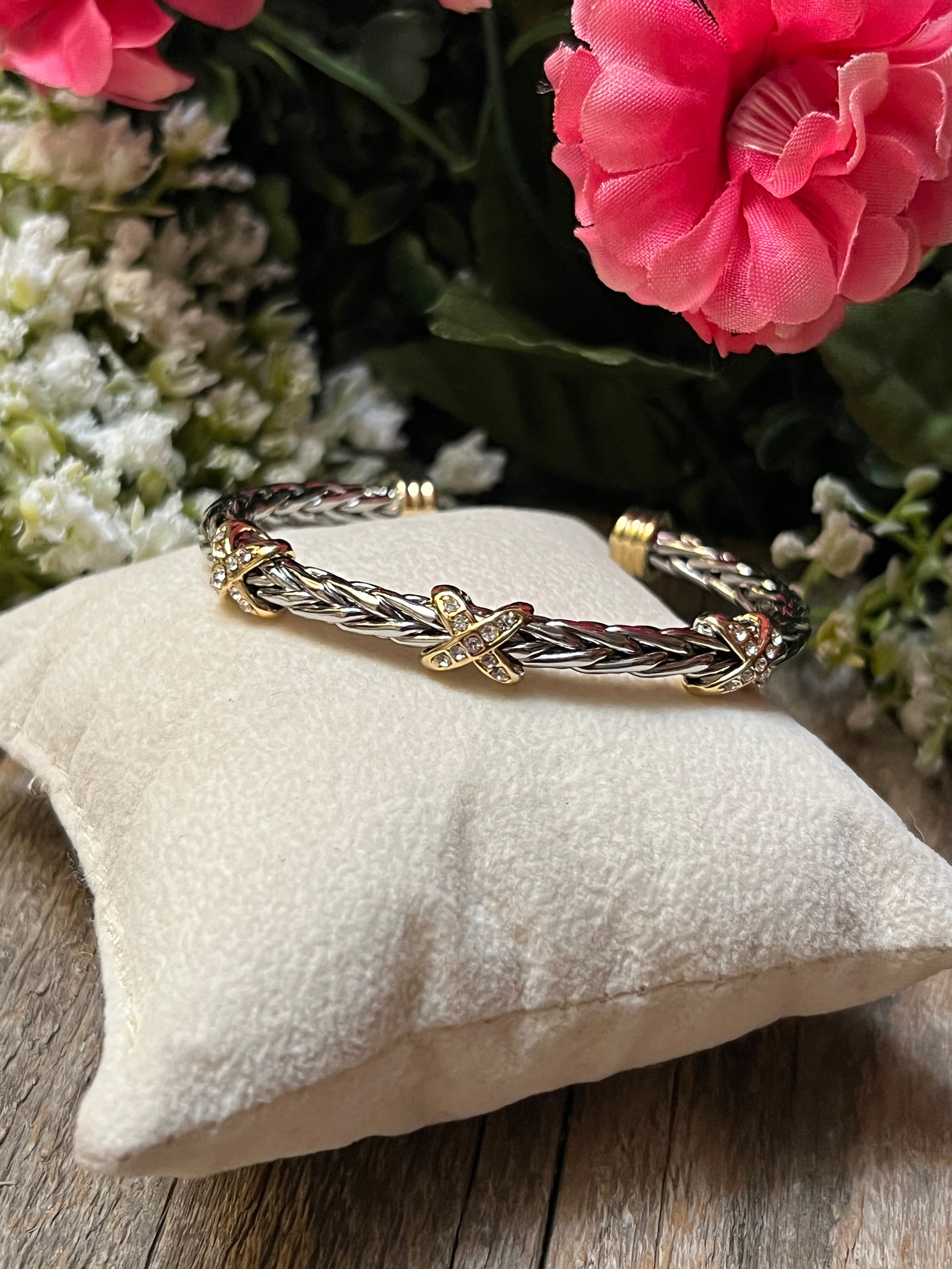 Silver & 14k Gold Plated Two Tone CZ Ponytail “X” Bangle Bracelet