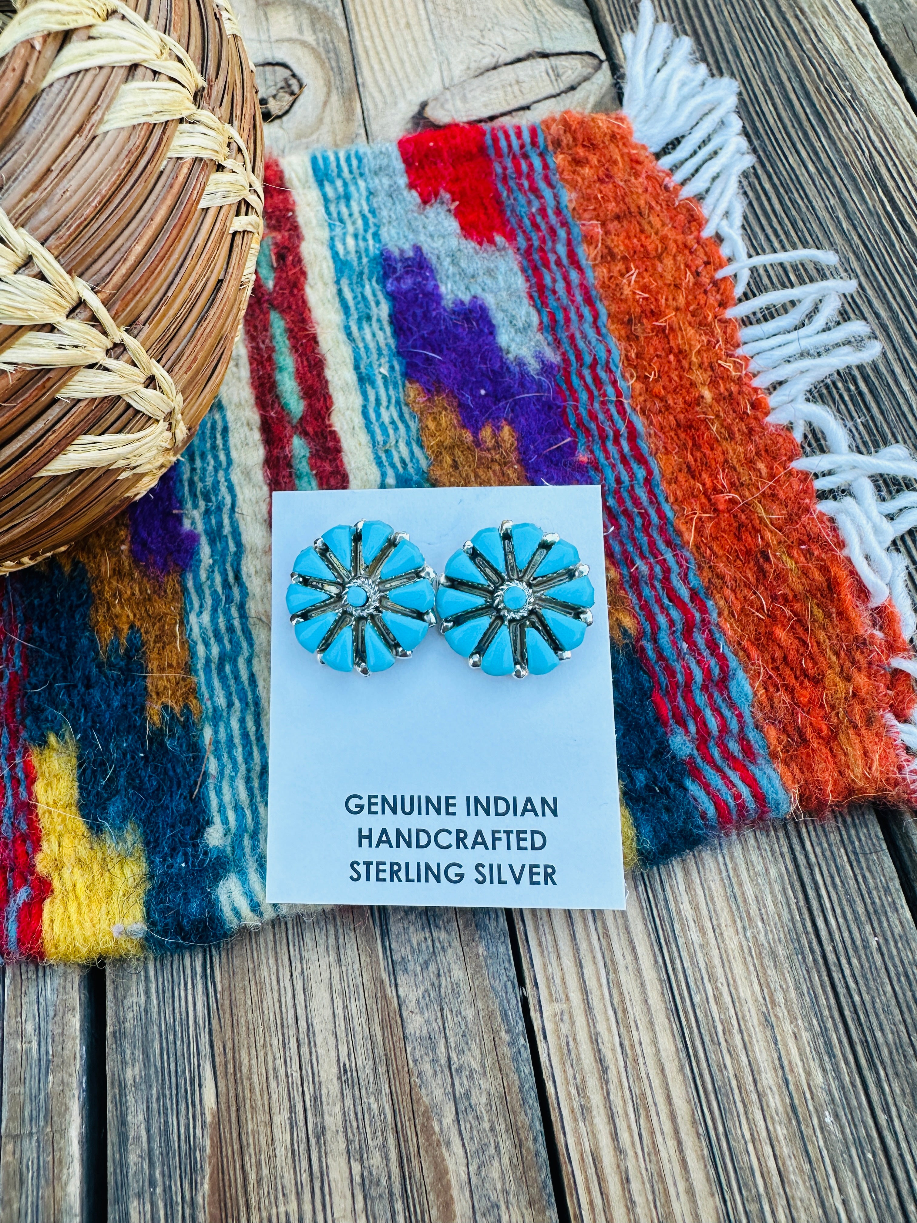 Handcrafted Turquoise & Sterling Silver Cluster Post Earrings