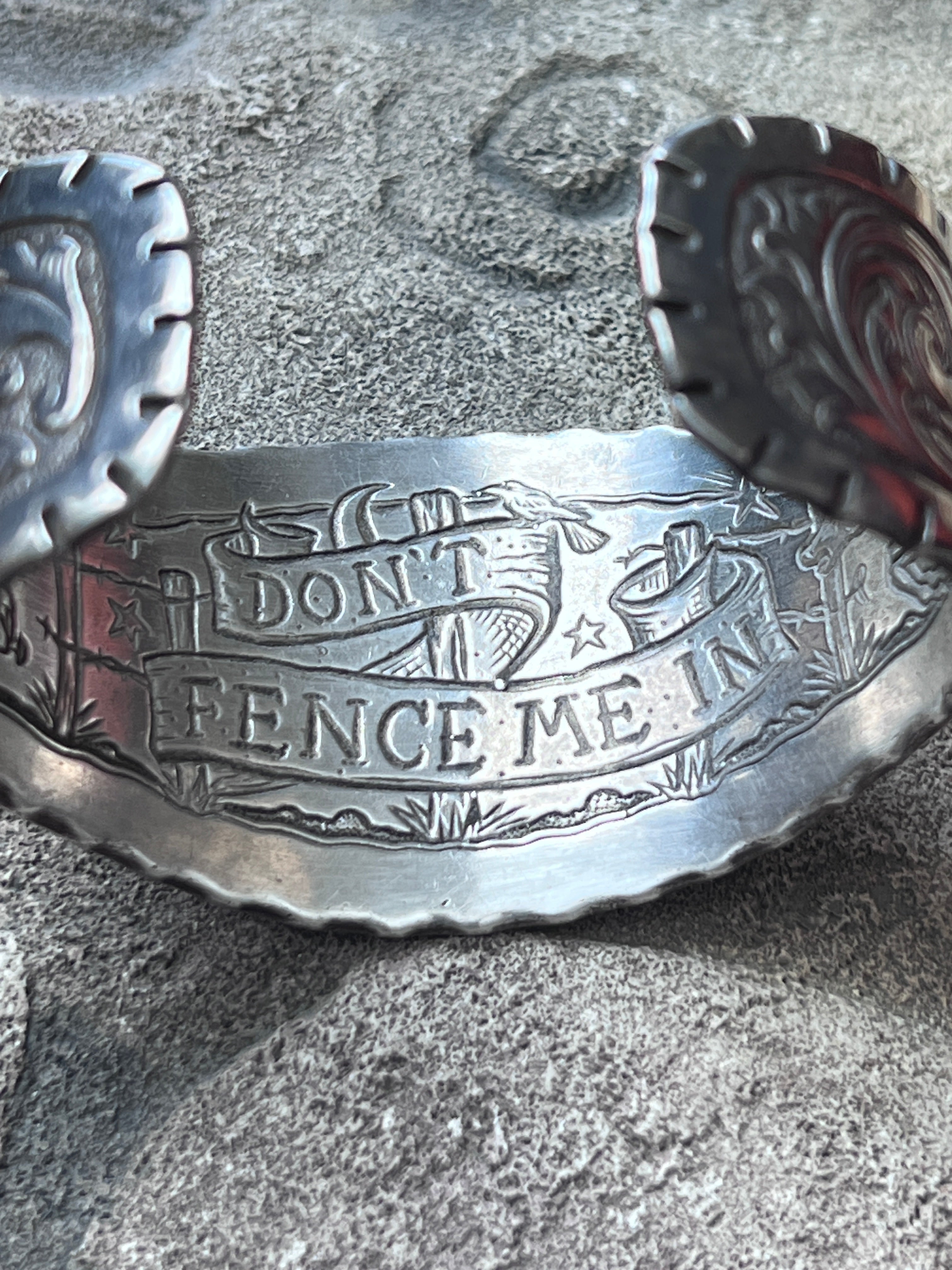 Old Pawn Tooled “Don’t Fence Me In” Sterling Silver Cuff Bracelet by Kit Carson