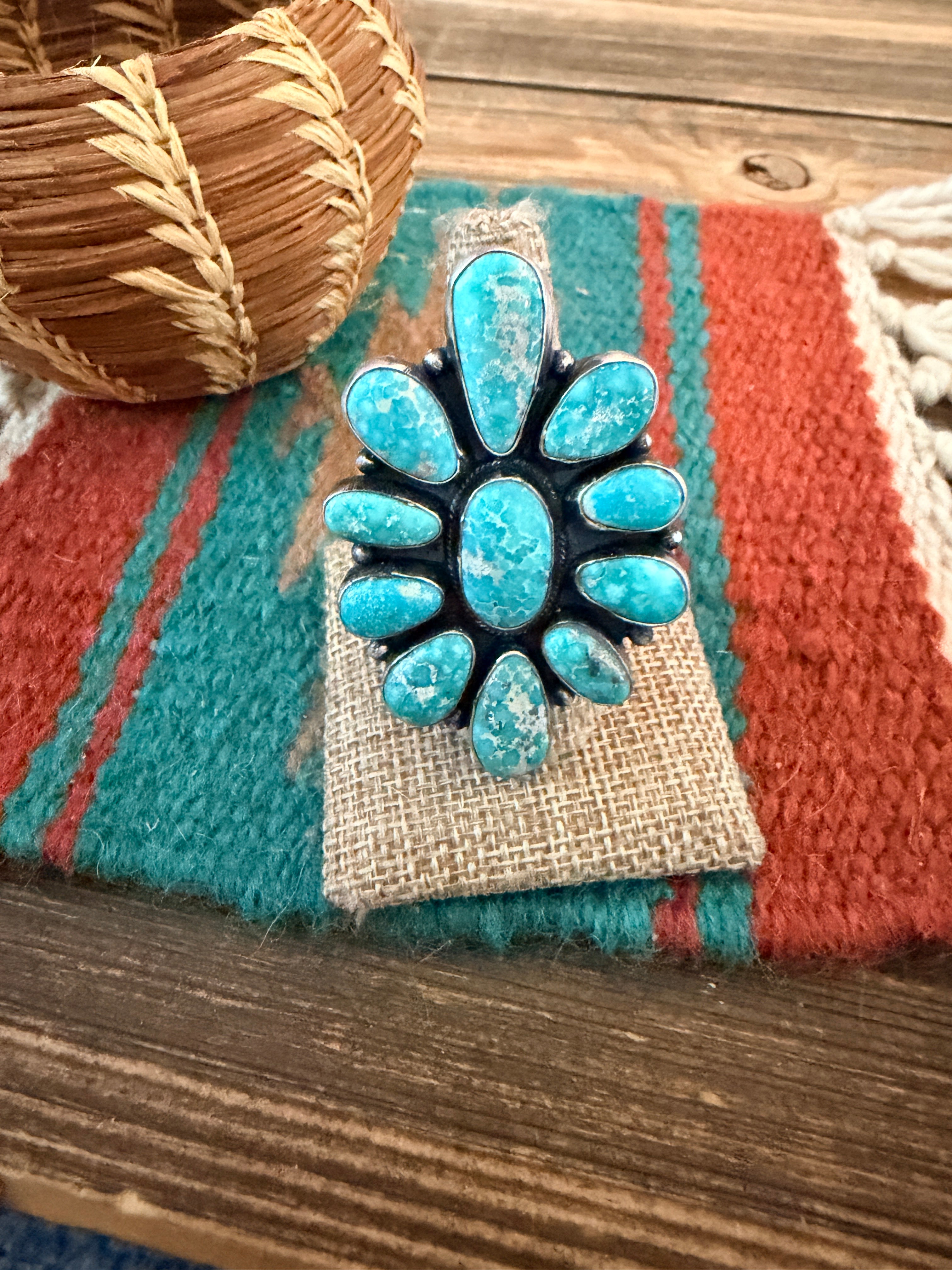 Handcrafted Kingman Turquoise & Sterling Silver Cluster Ring Size 8 by Sheila Becenti