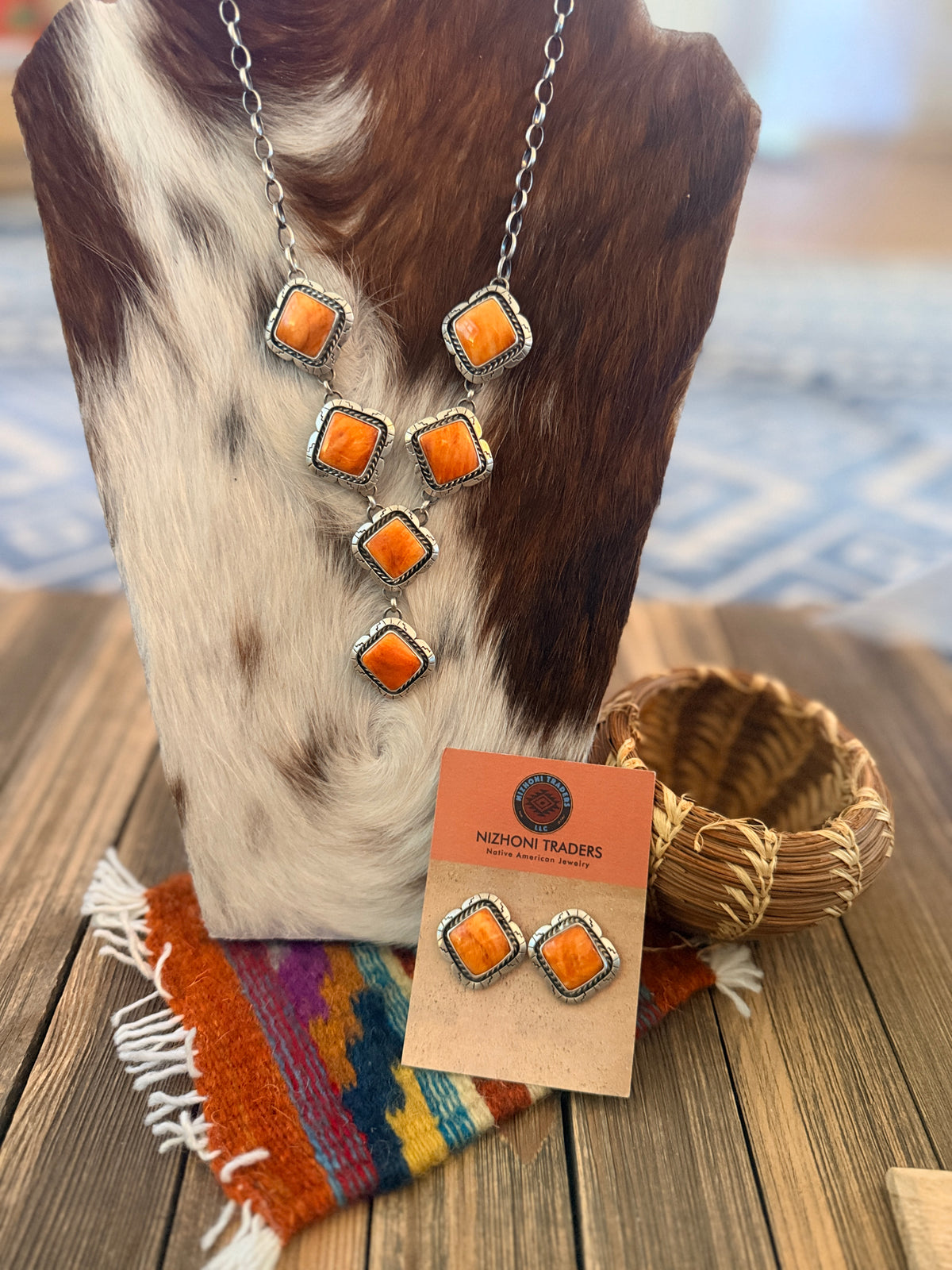 Handcrafted Spiny Oyster & Sterling Silver Cluster Necklace and Earring Set by Larry Kaye