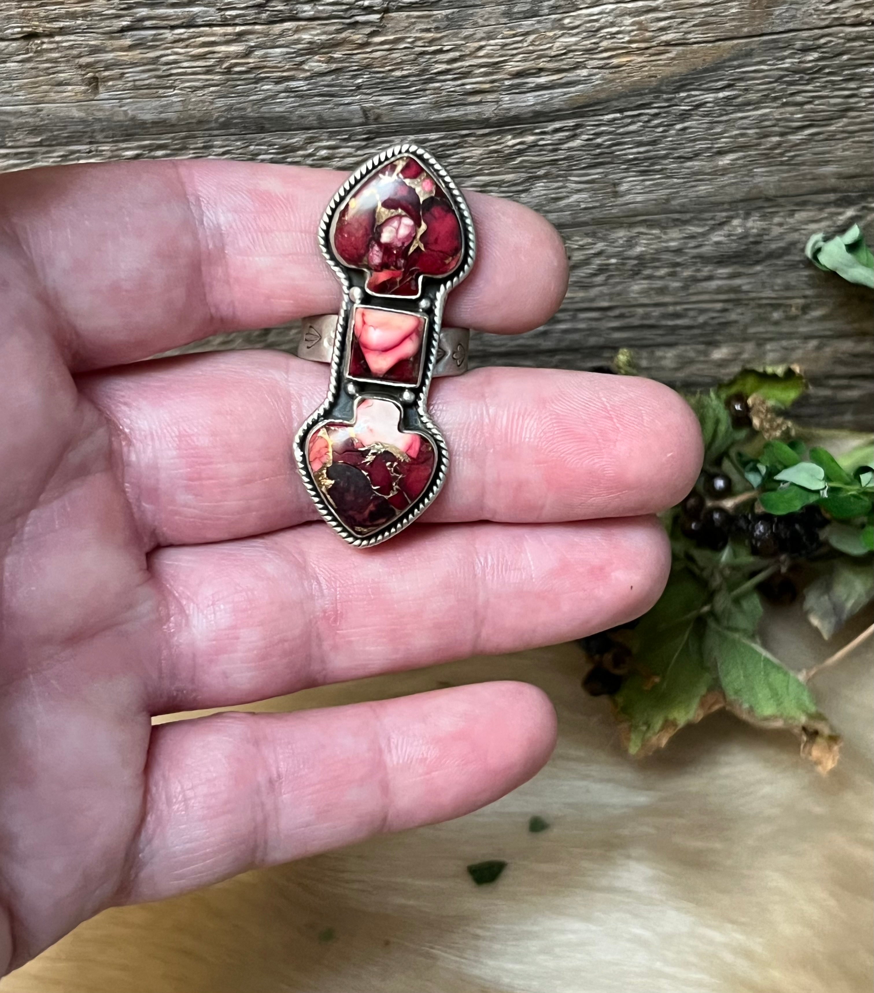 Handmade Rose Dahlia 3 Stone & Sterling Silver Adjustable Ring