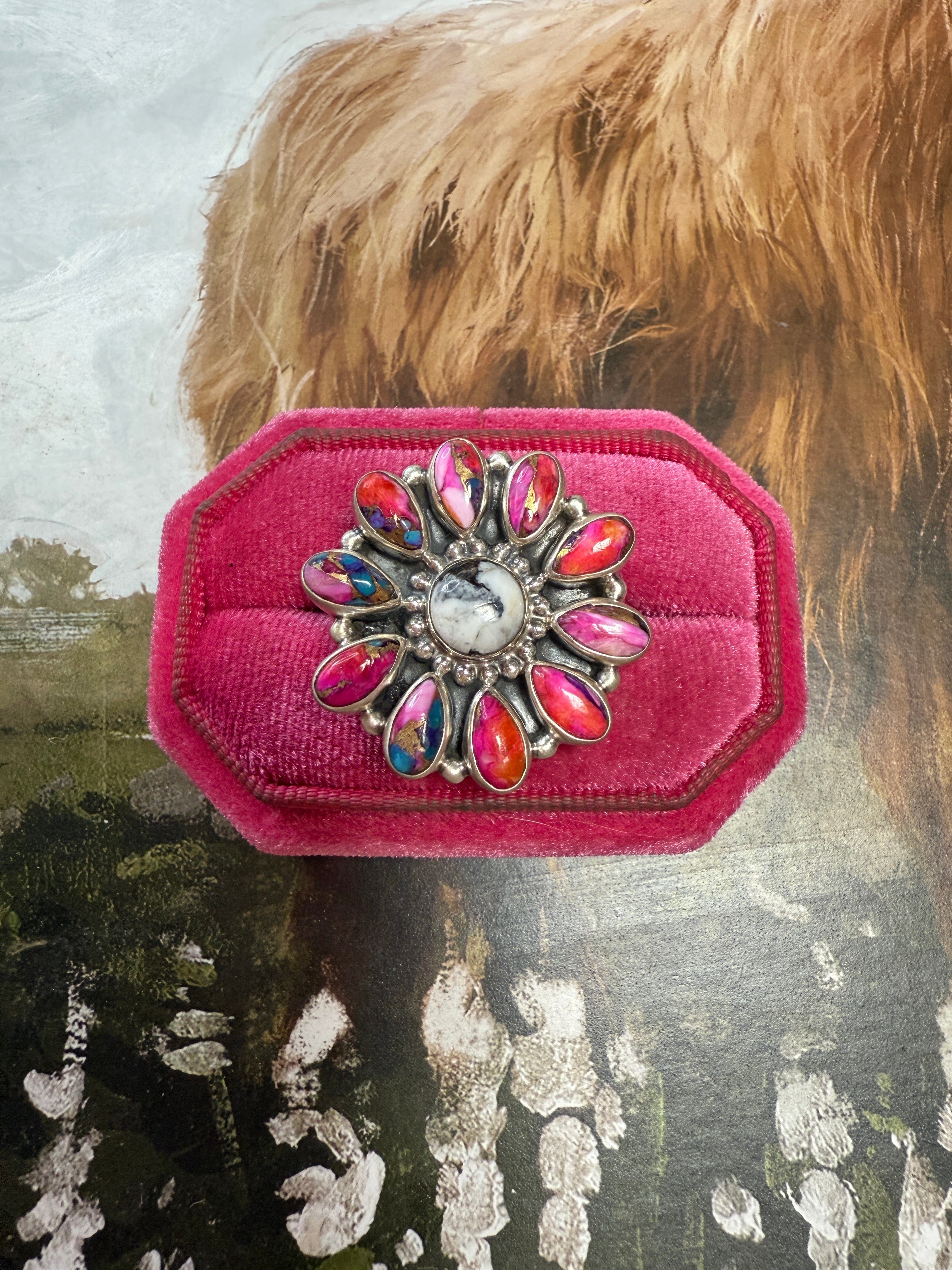 Handmade Pink Dream Mojave, White Buffalo And Sterling Silver Adjustable Flower Ring