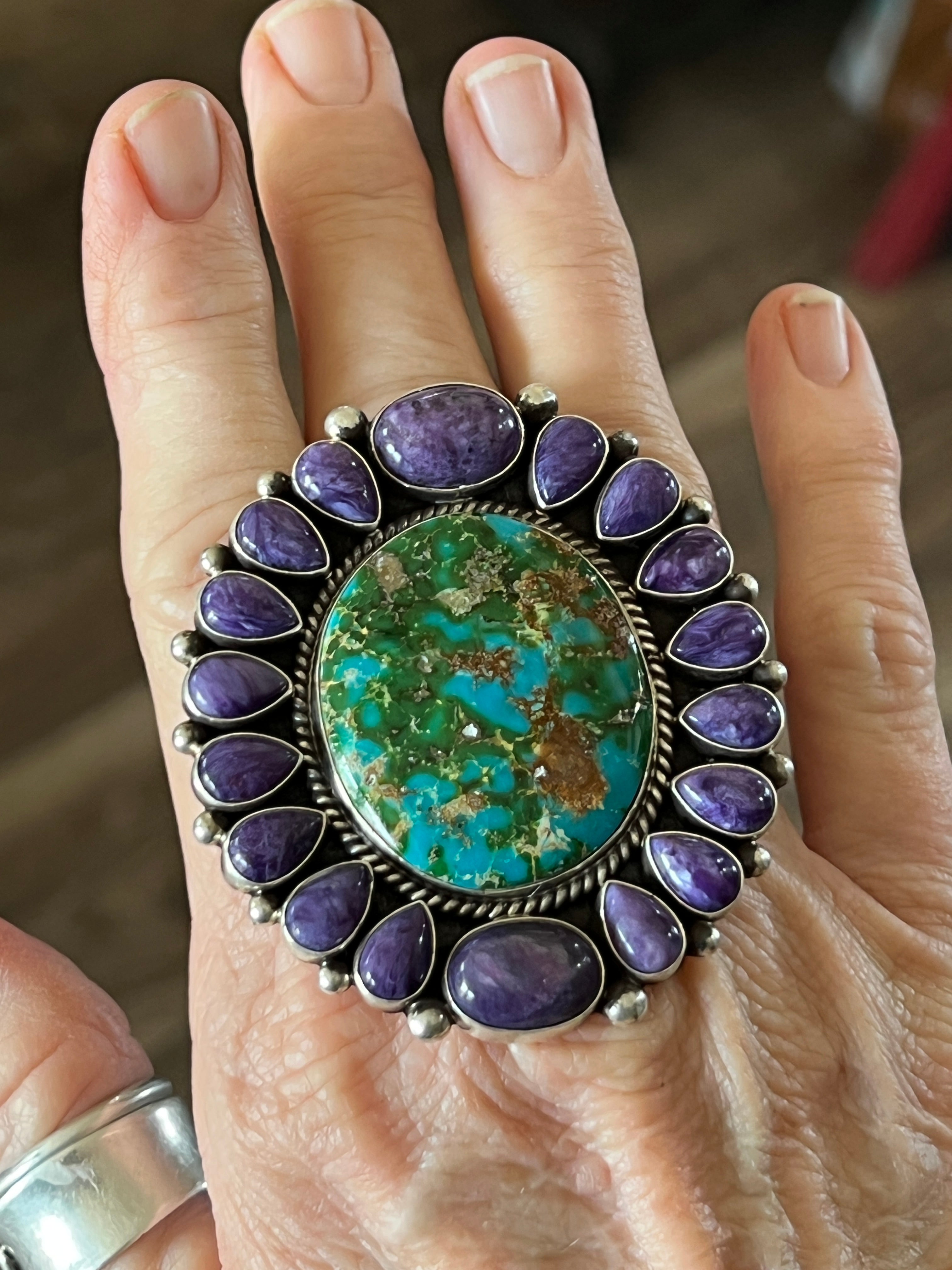 Handcrafted Sterling Silver, Sonoran Turquoise and Charoite Cluster Ring by Tyler Brown: Adjustable