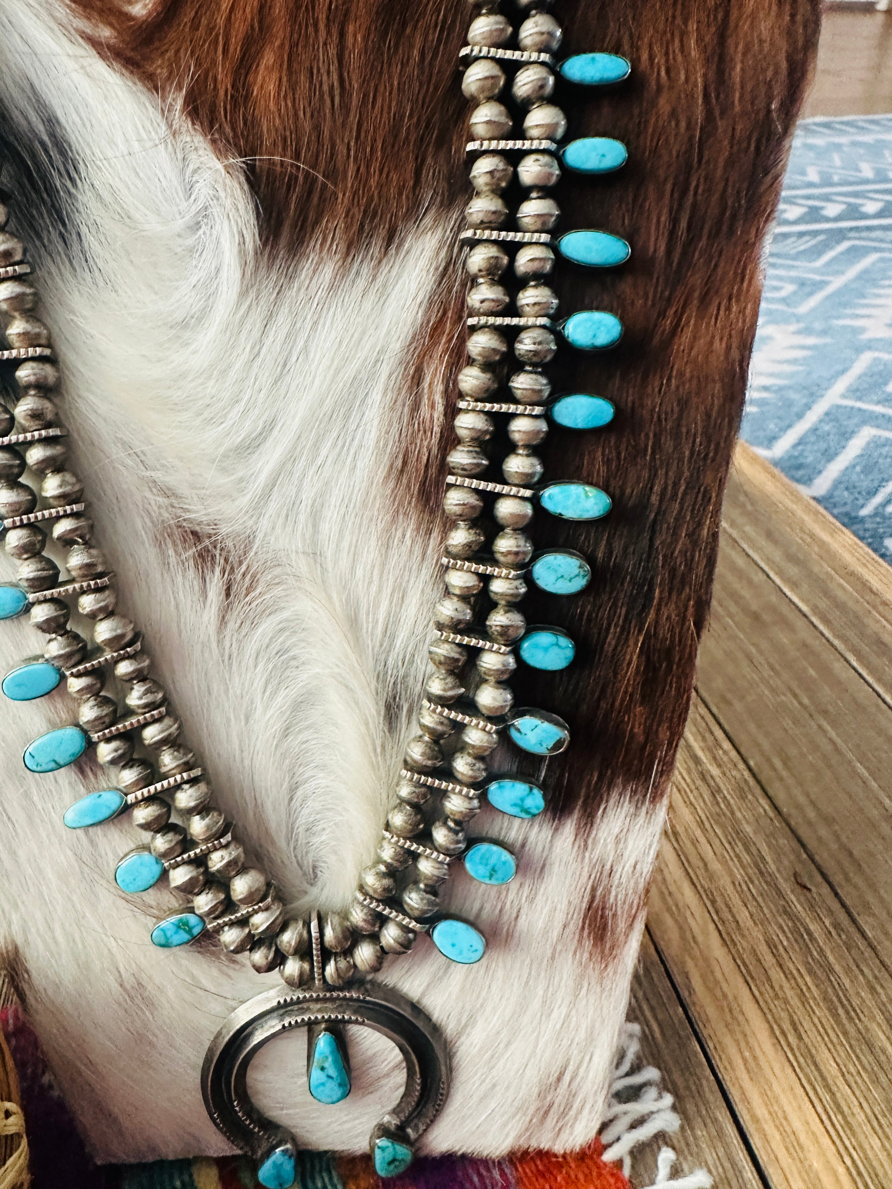 Old Pawn Handcrafted Turquoise & Sterling Silver Squash Blossom Necklace