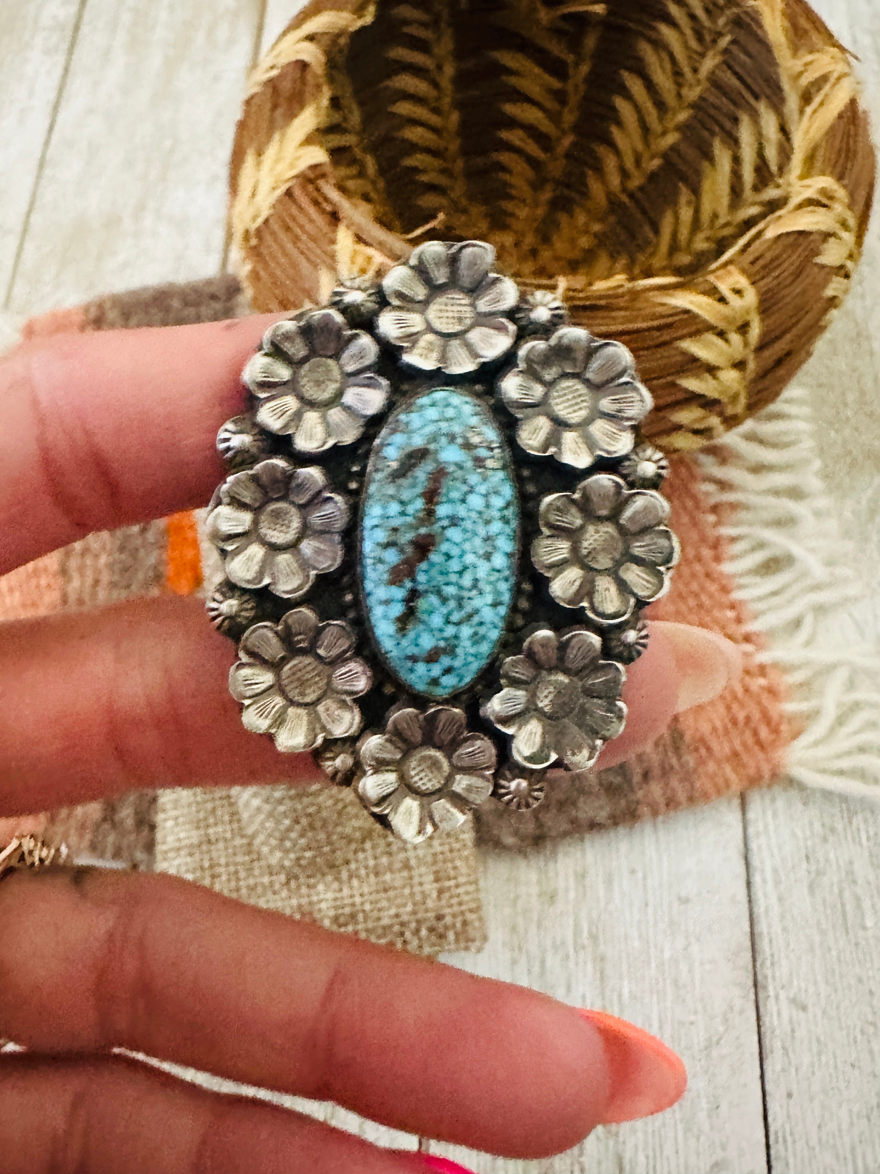 Handcrafted Birdseye Kingman Turquoise & Sterling Silver Flower Ring by Calvin Martinez, Size 9
