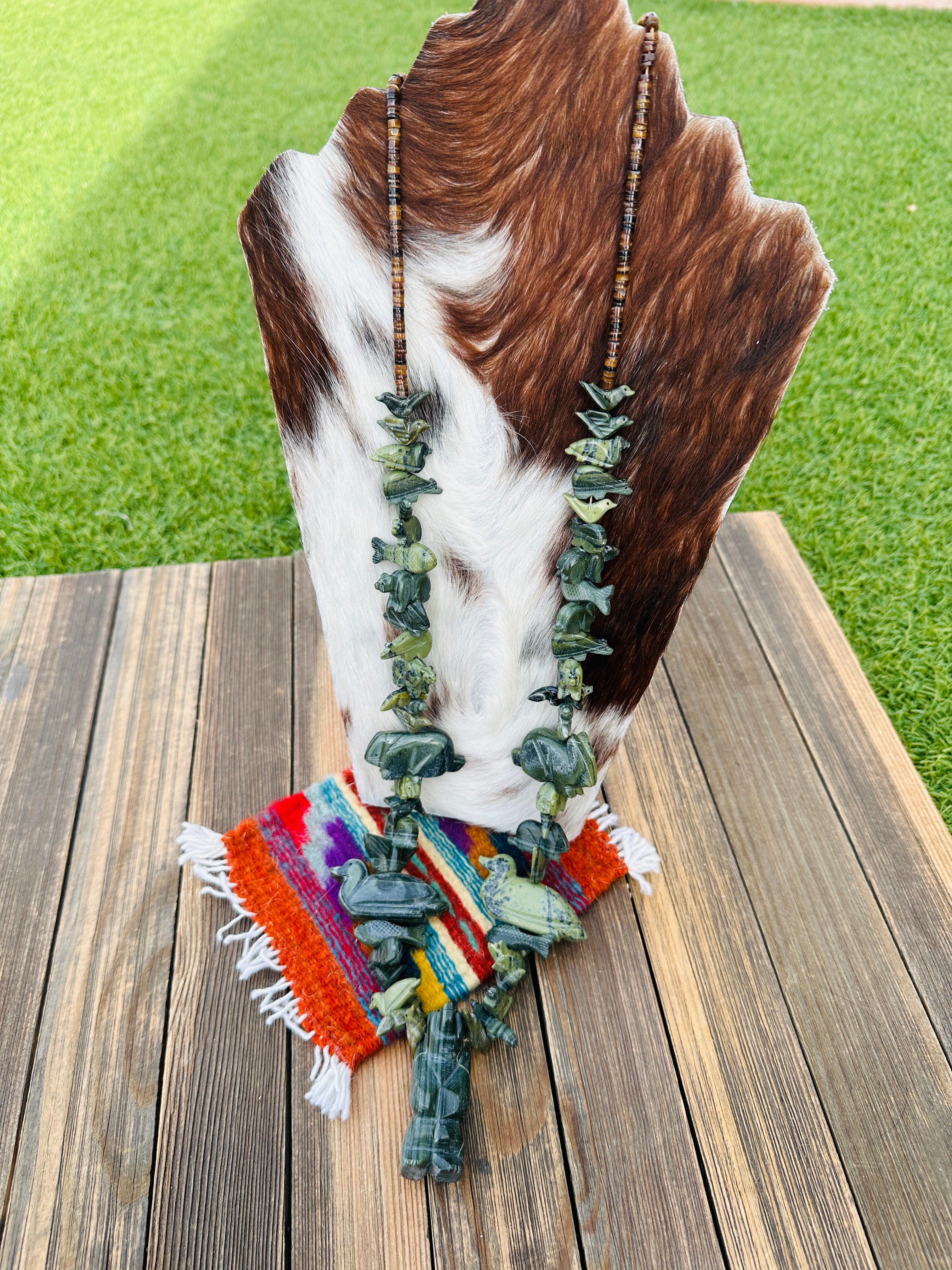 Handcrafted Serpentine & Sterling Silver Fetish Beaded Necklace