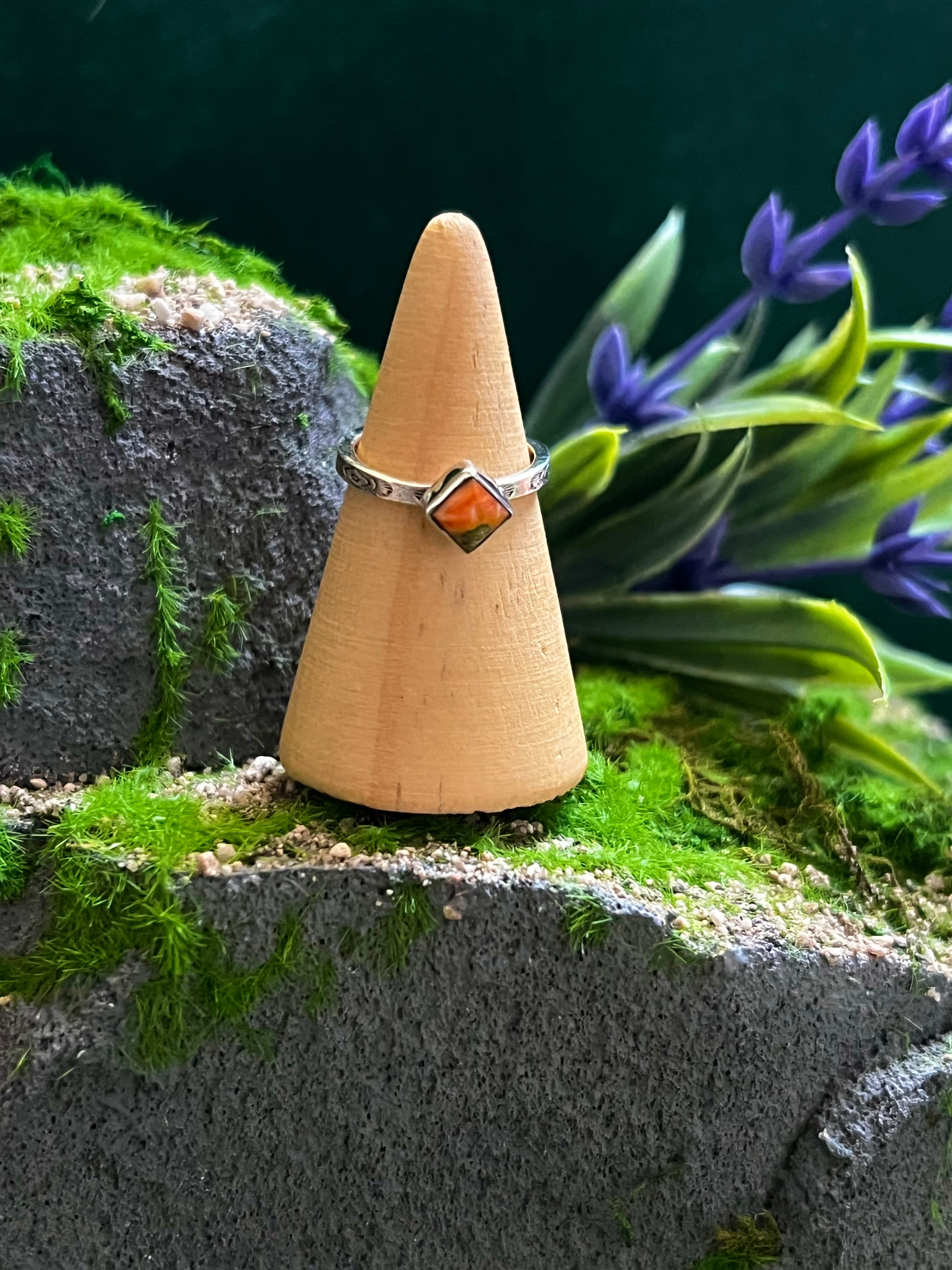 Handmade Orange Mojave TearDrop, Circle, Oval, Square, & Diamond Shape Sterling Silver Adjustable Stacker Ring