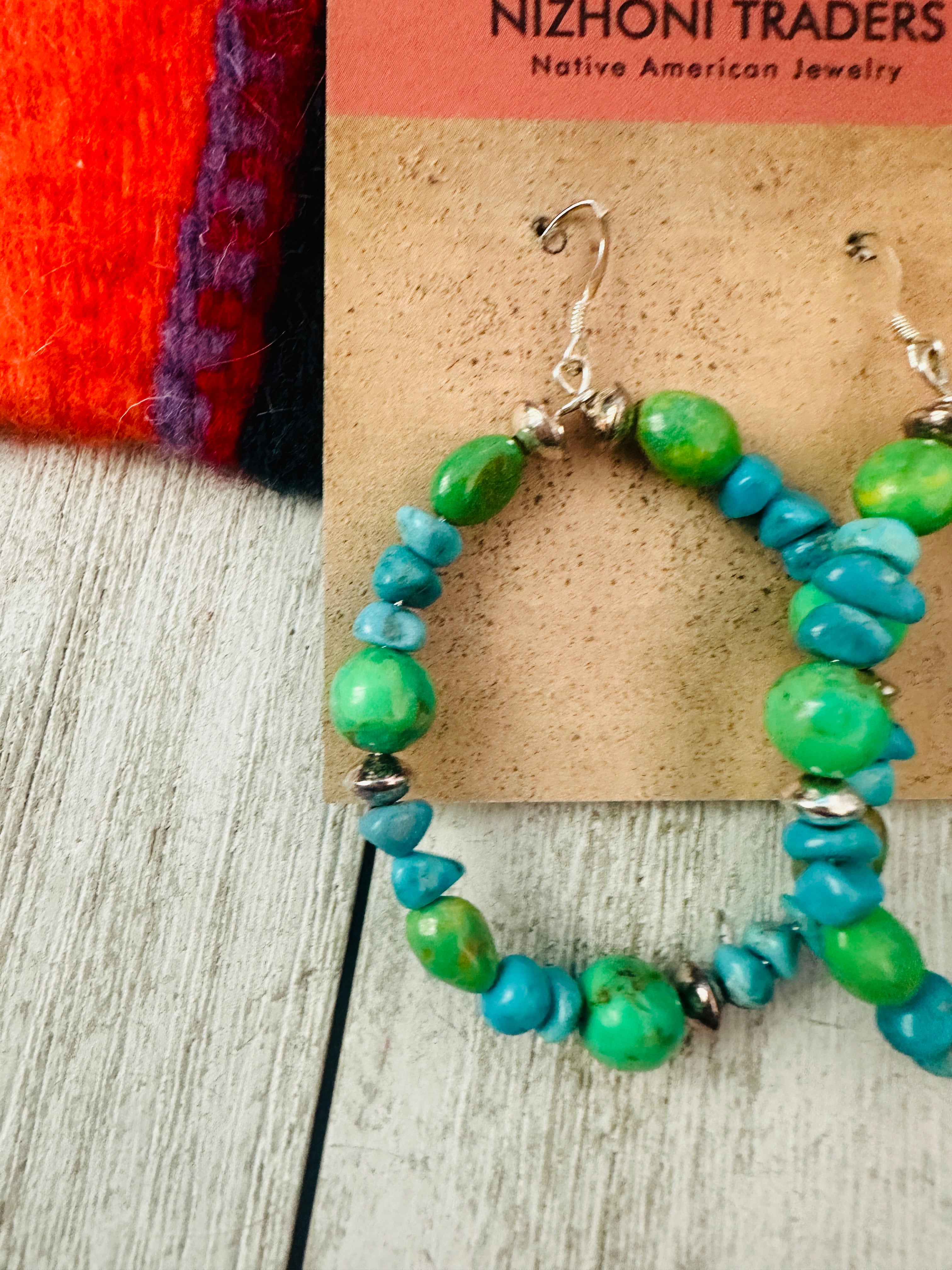 Handcrafted Kingman Turquoise & Sterling Silver Beaded Hoop Earrings