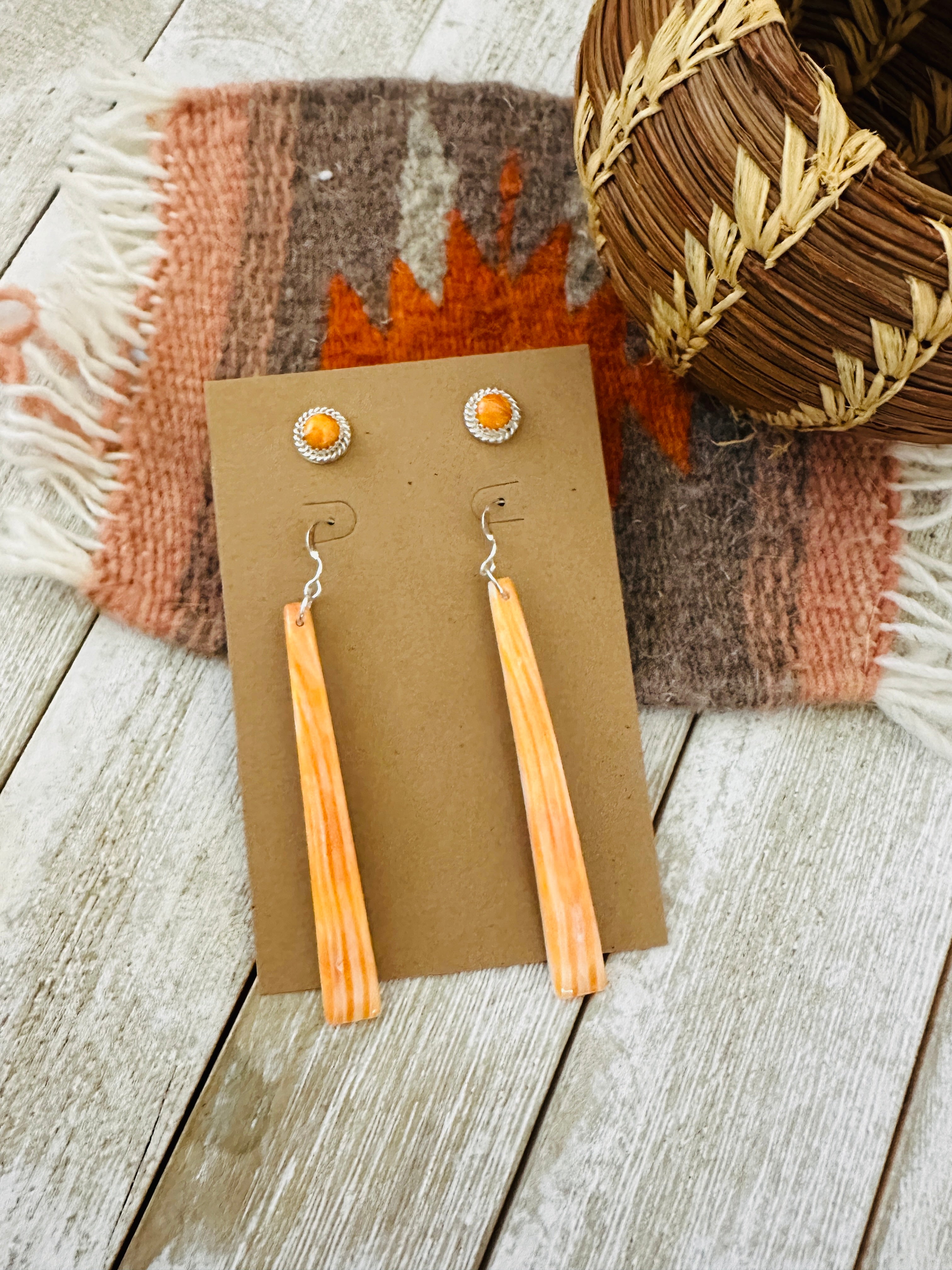 Handcrafted Orange Spiny Slab Dangle & Stud Earring Set