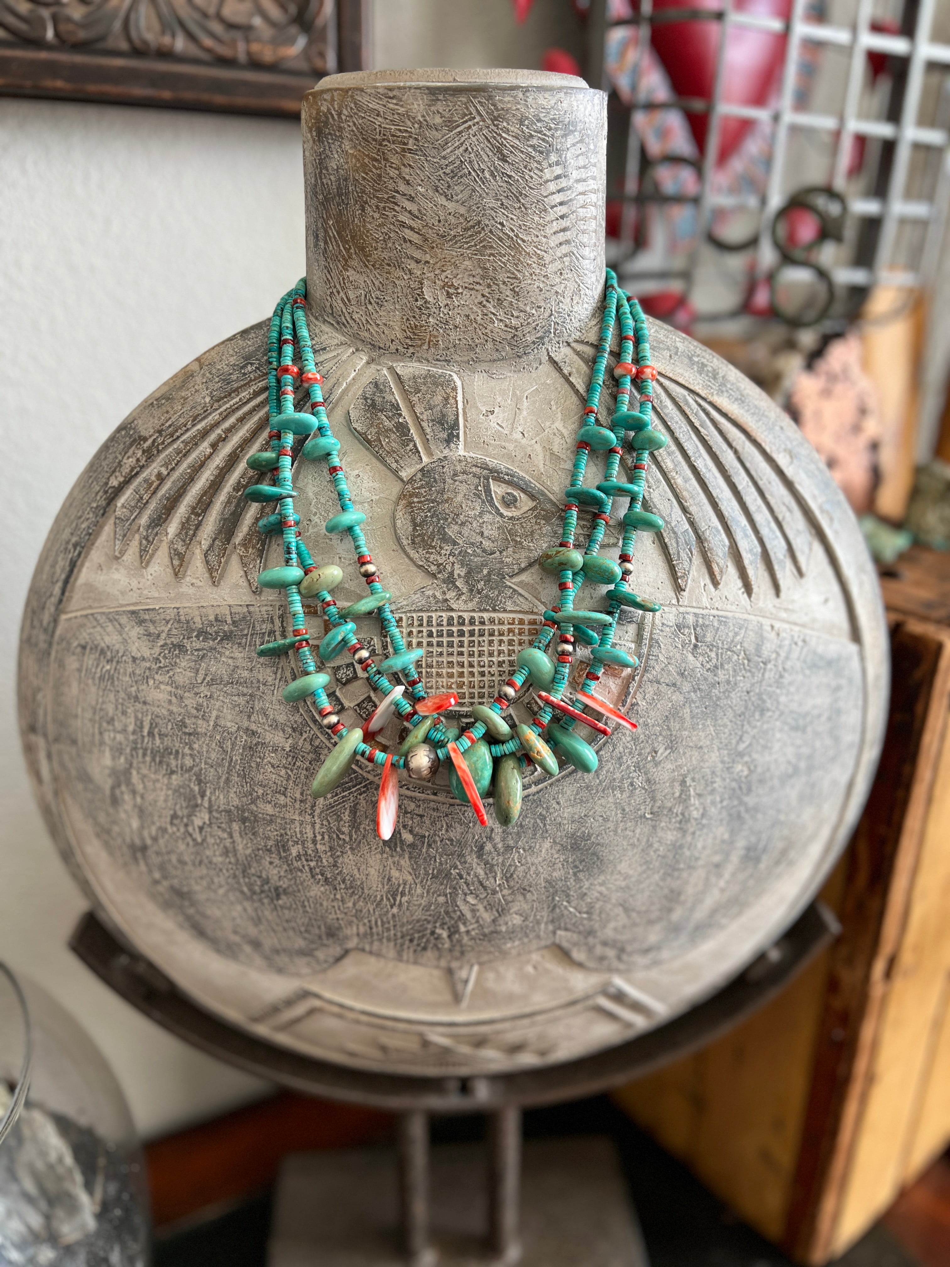 Gorgeous Handcrafted Triple Strand Sterling Silver, Turquoise and Spiny Oyster Beaded Tab Necklace by Daniel Coriz