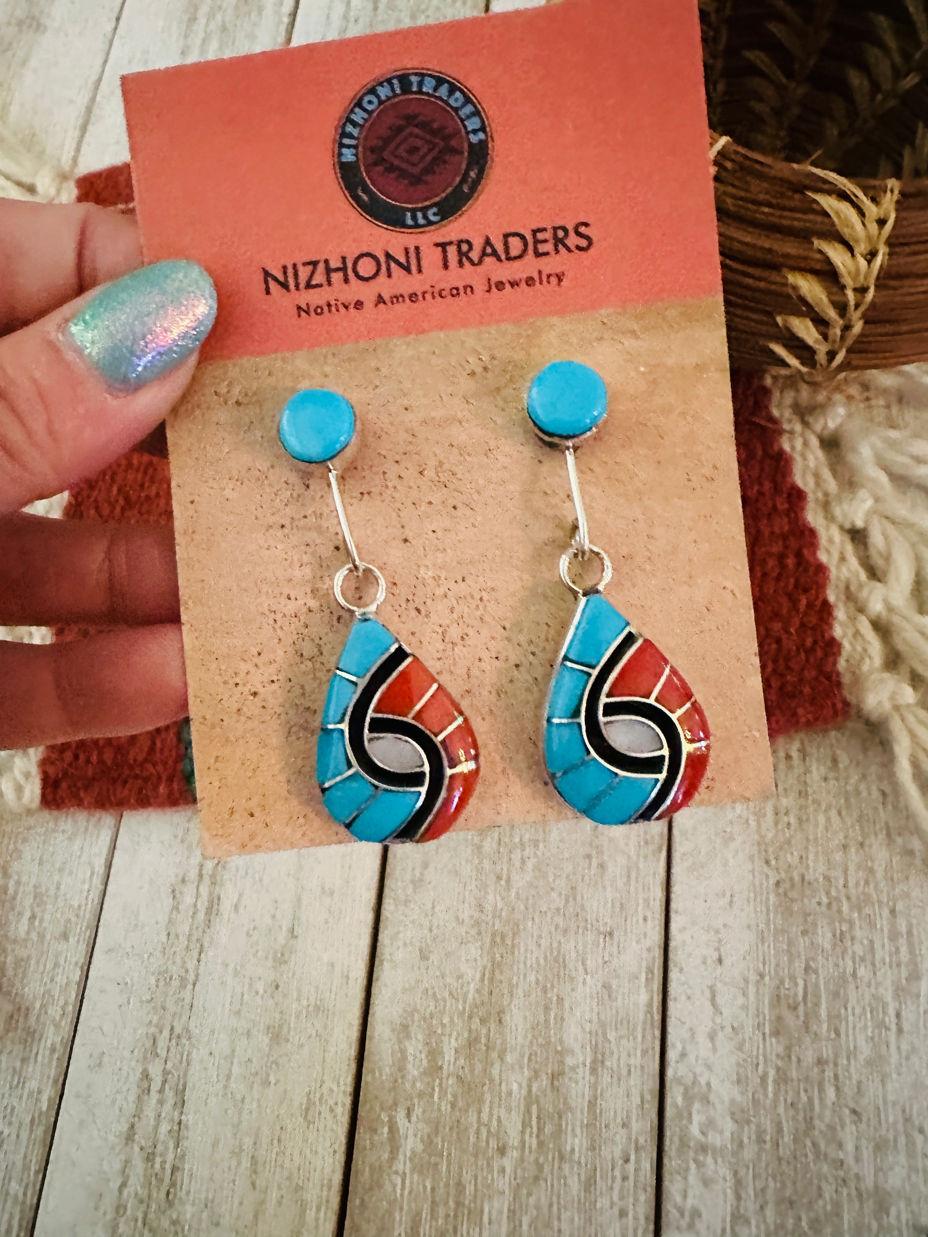 Zuni Multi Stone & Sterling Silver Inlay Dangle Earrings