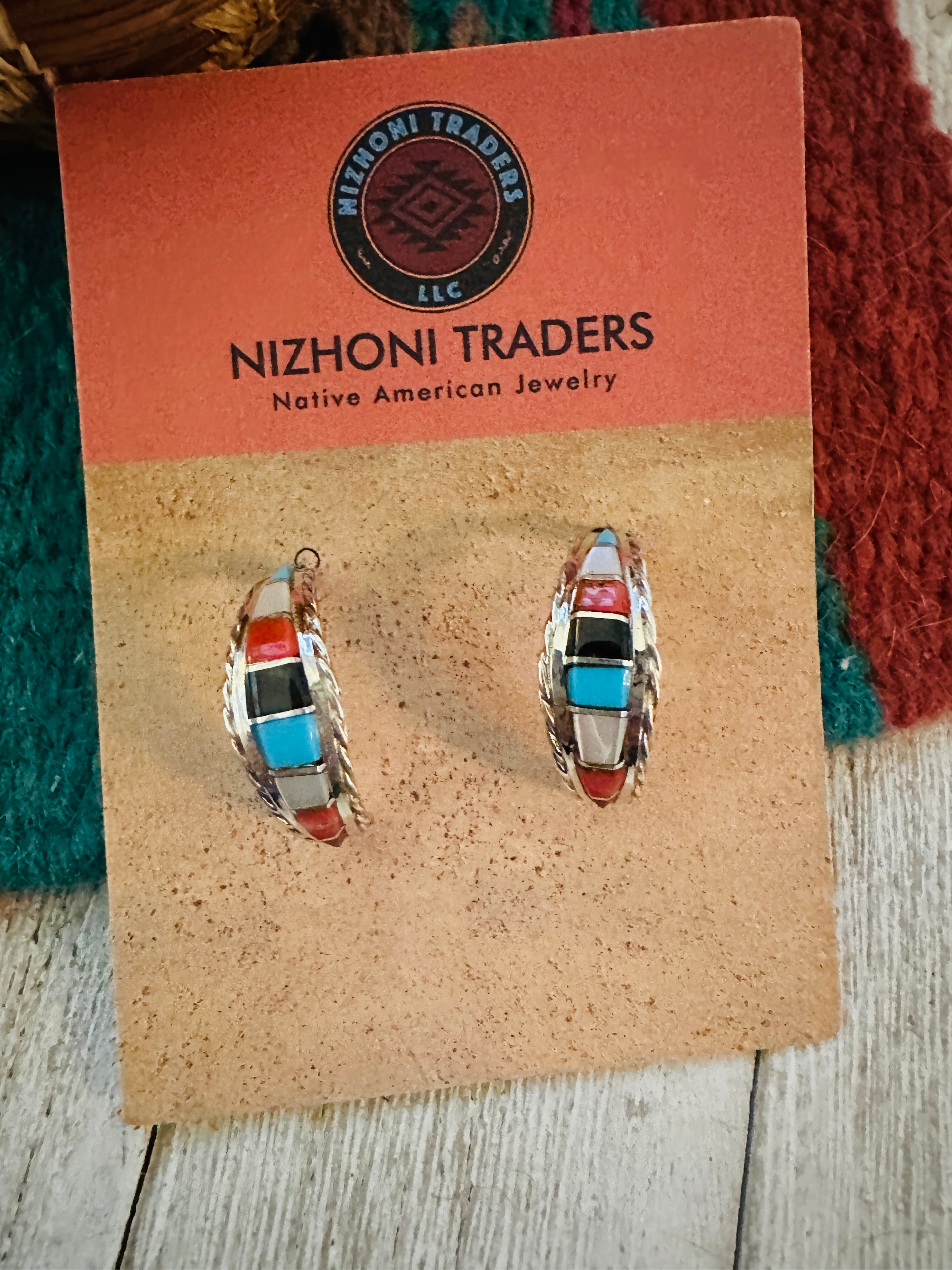 Handcrafted Sterling Silver & Multi Stone Inlay Hoop Earrings