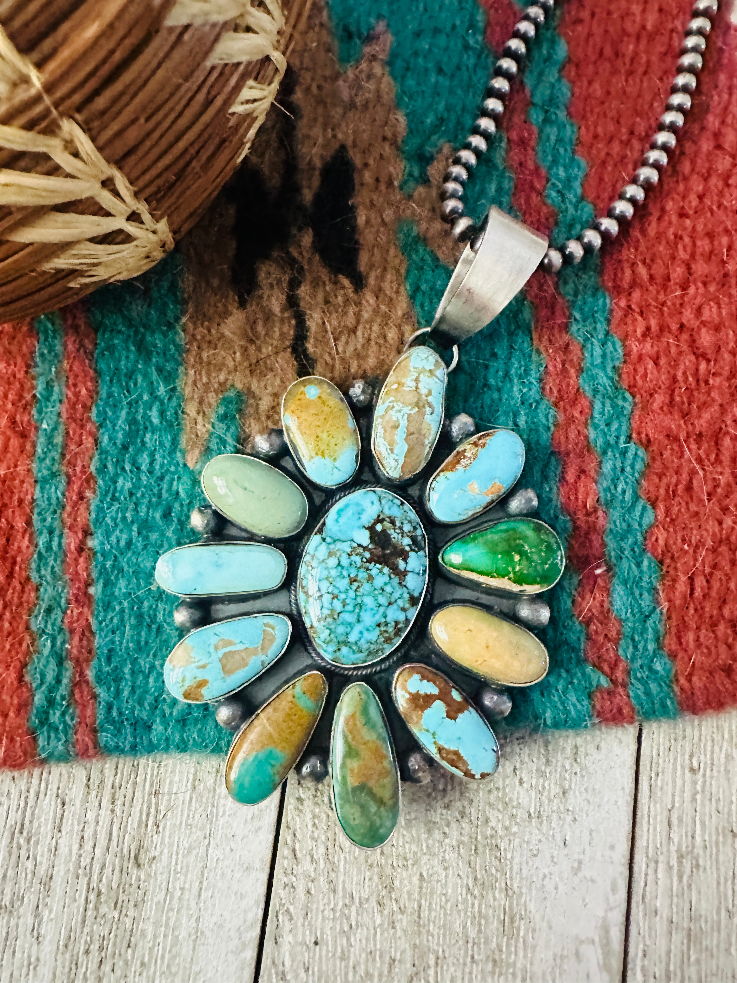 Handcrafted Sterling Silver & Multi Turquoise Cluster Pendant by Amos Jake