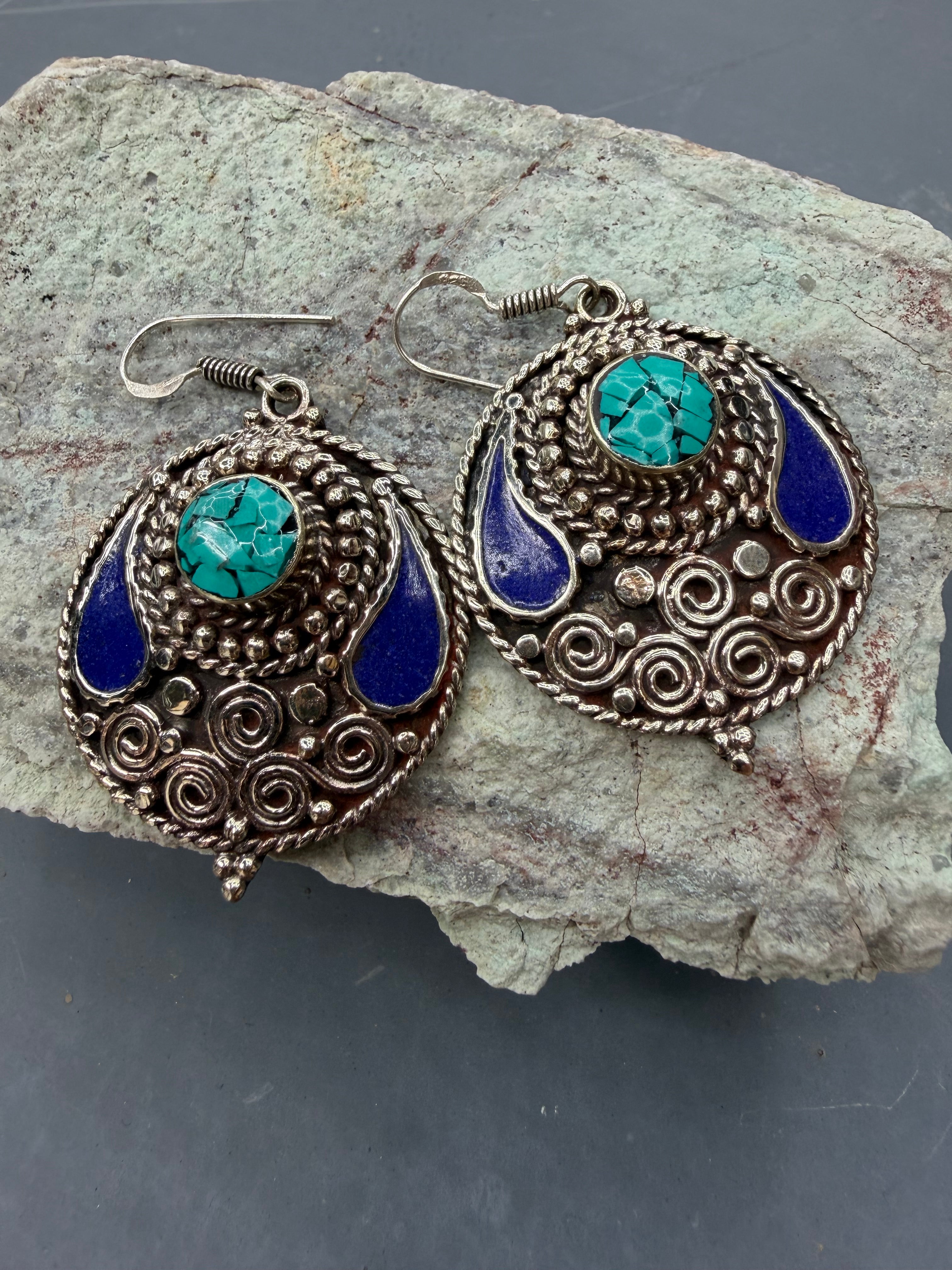 Turquoise & Lapis Ornate Disc Earrings – Boho Southwest Statement