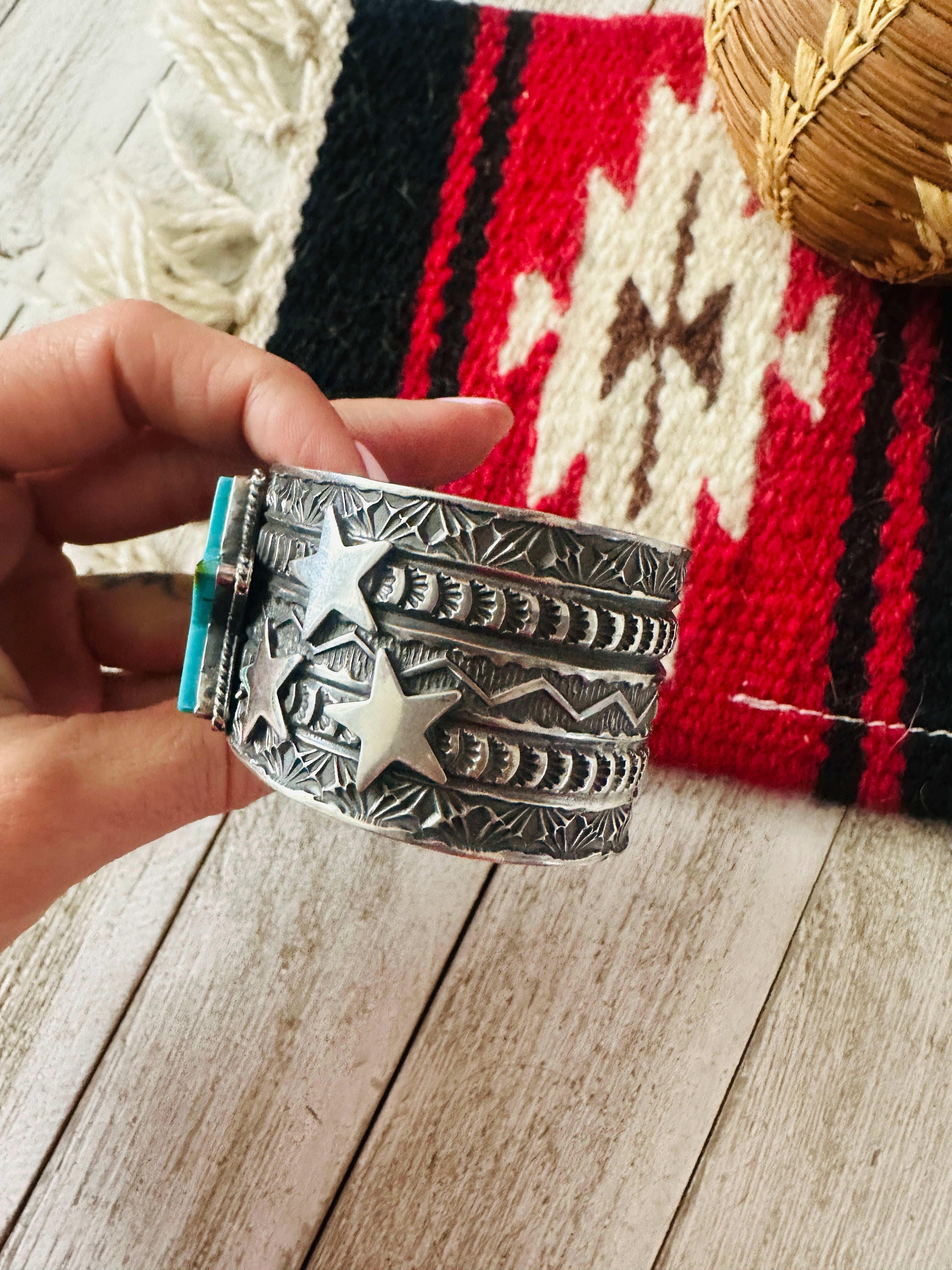 Navajo Turquoise & Sterling Silver Star Cuff Bracelet by Sunshine Reeves