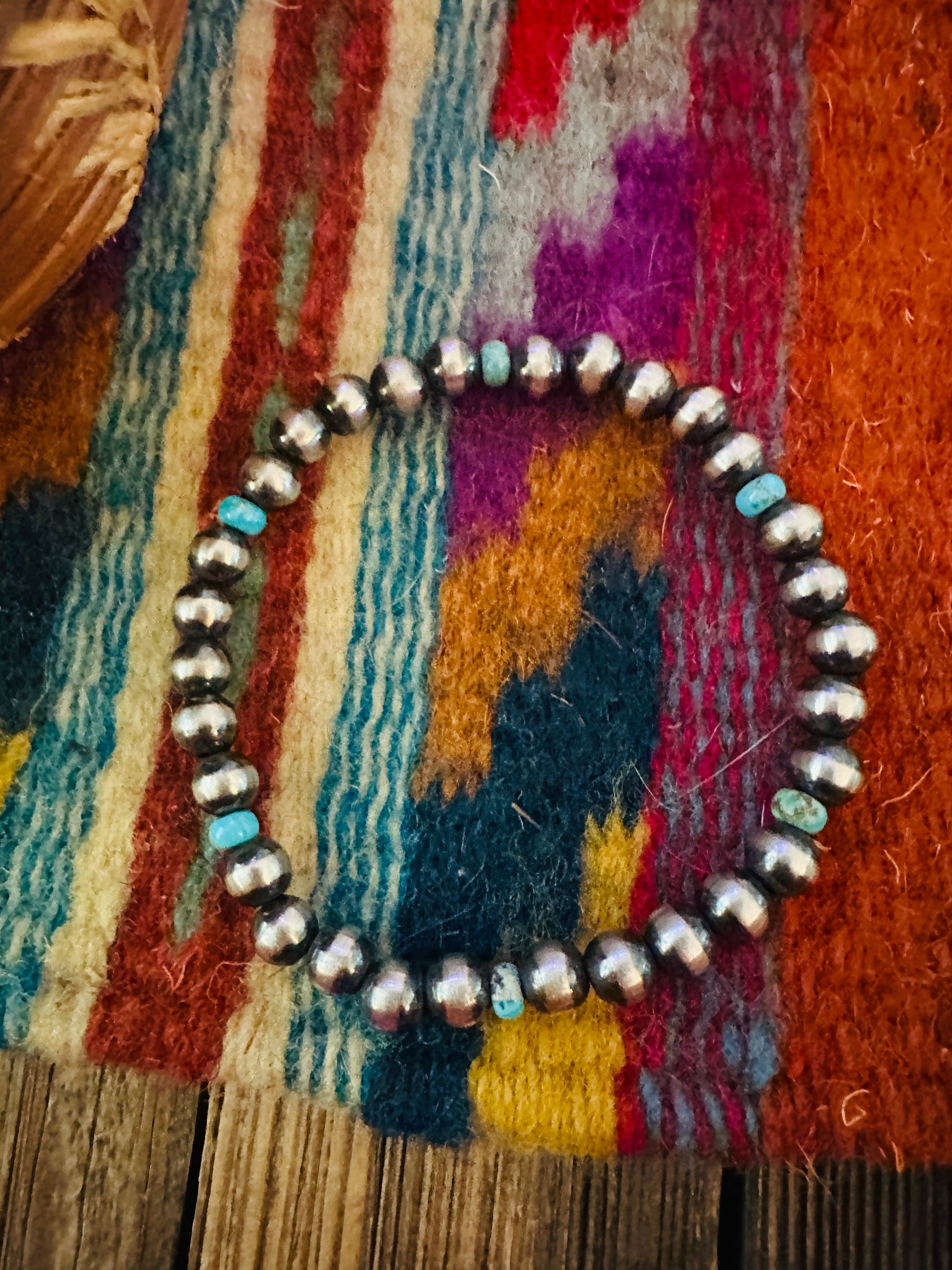 Handcrafted 5mm Sterling Silver Pearl & Turquoise Beaded Stretch Bracelet