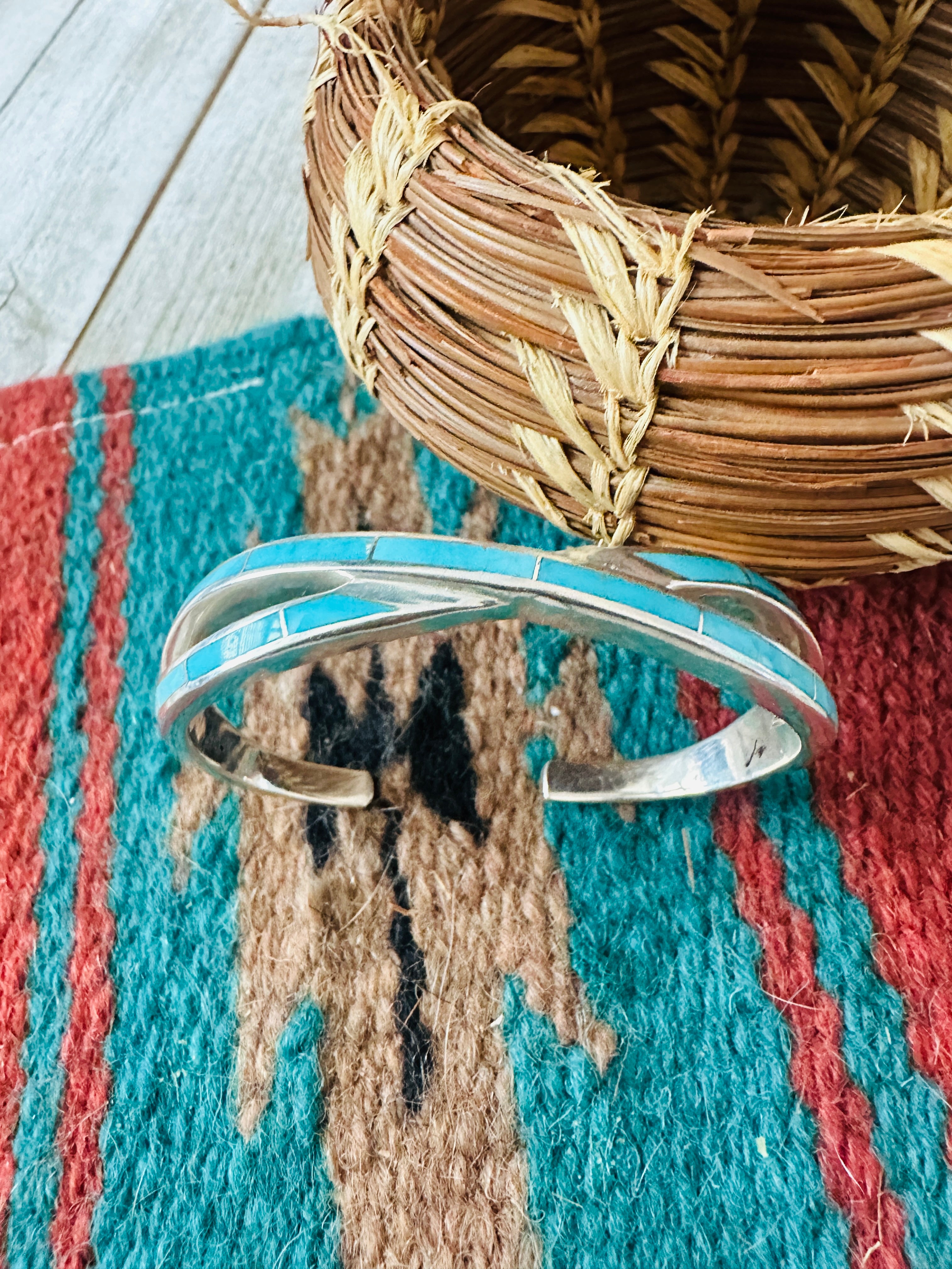 Handcrafted Turquoise & Sterling Silver Inlay Twist Cuff Bracelet /