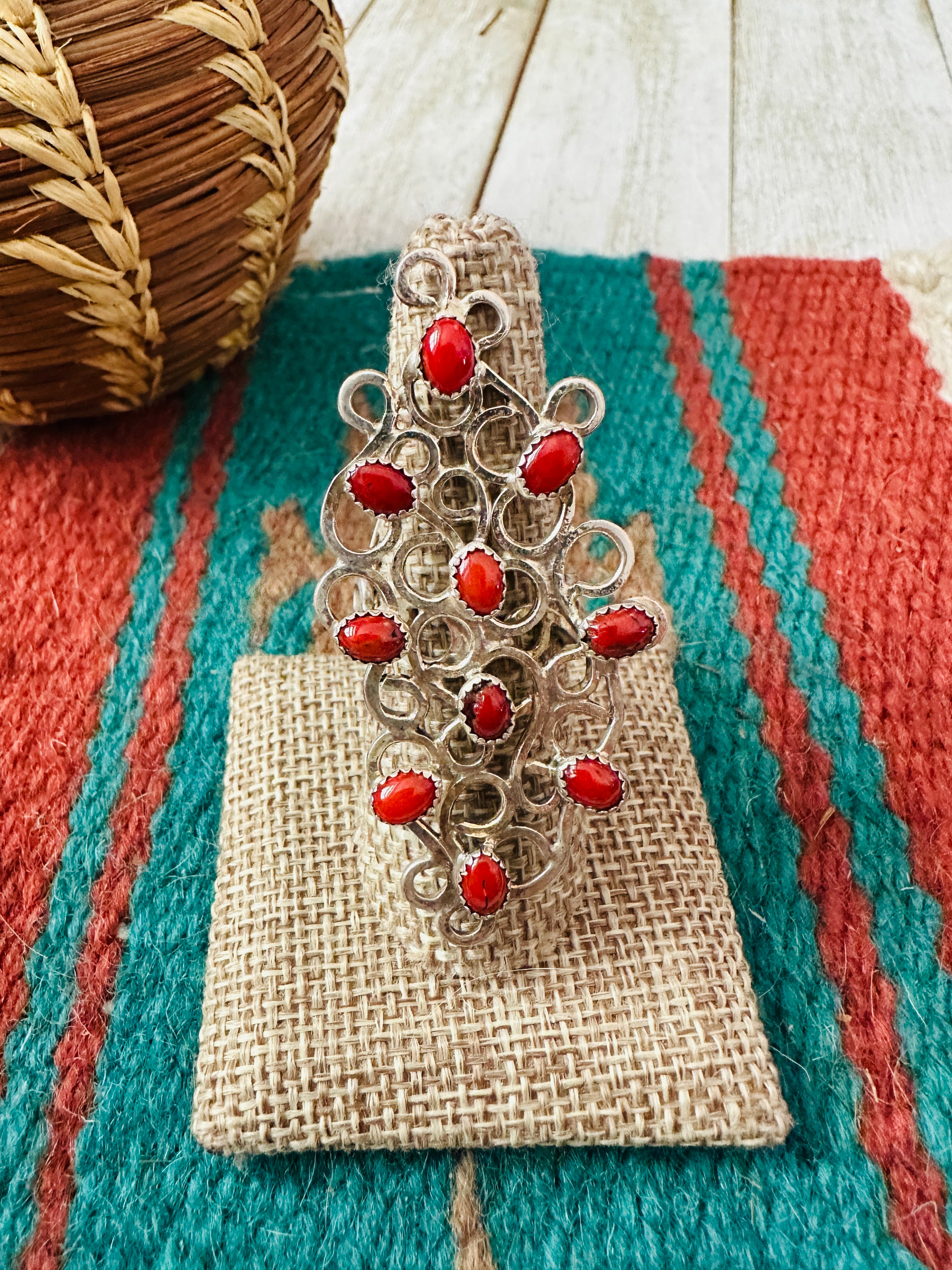 Handcrafted Sterling Silver & Coral Abstract Statement Ring Size 8.5