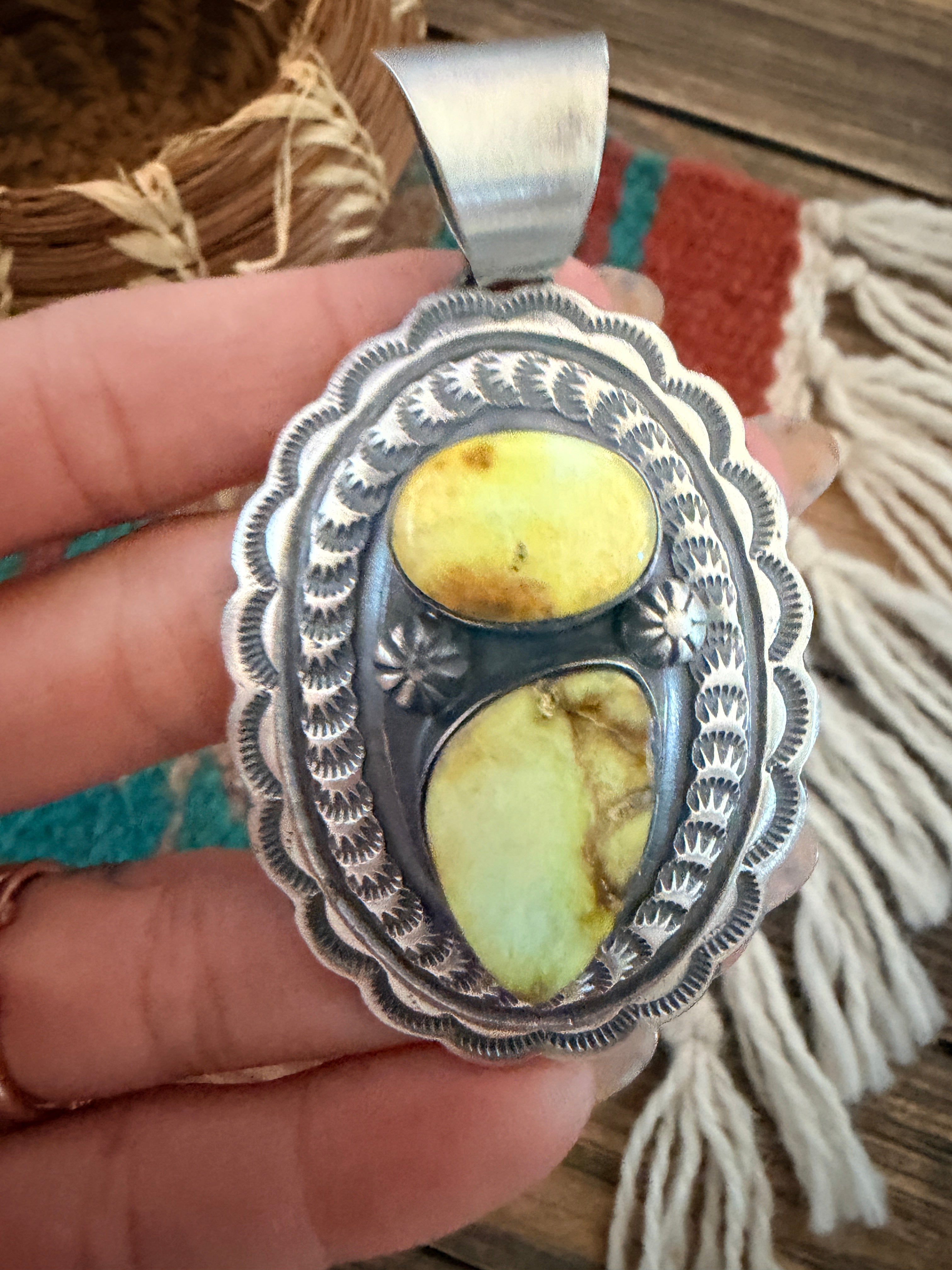 Handcrafted Sterling Silver & Palomino Turquoise Concho Pendant by Chimney Butte