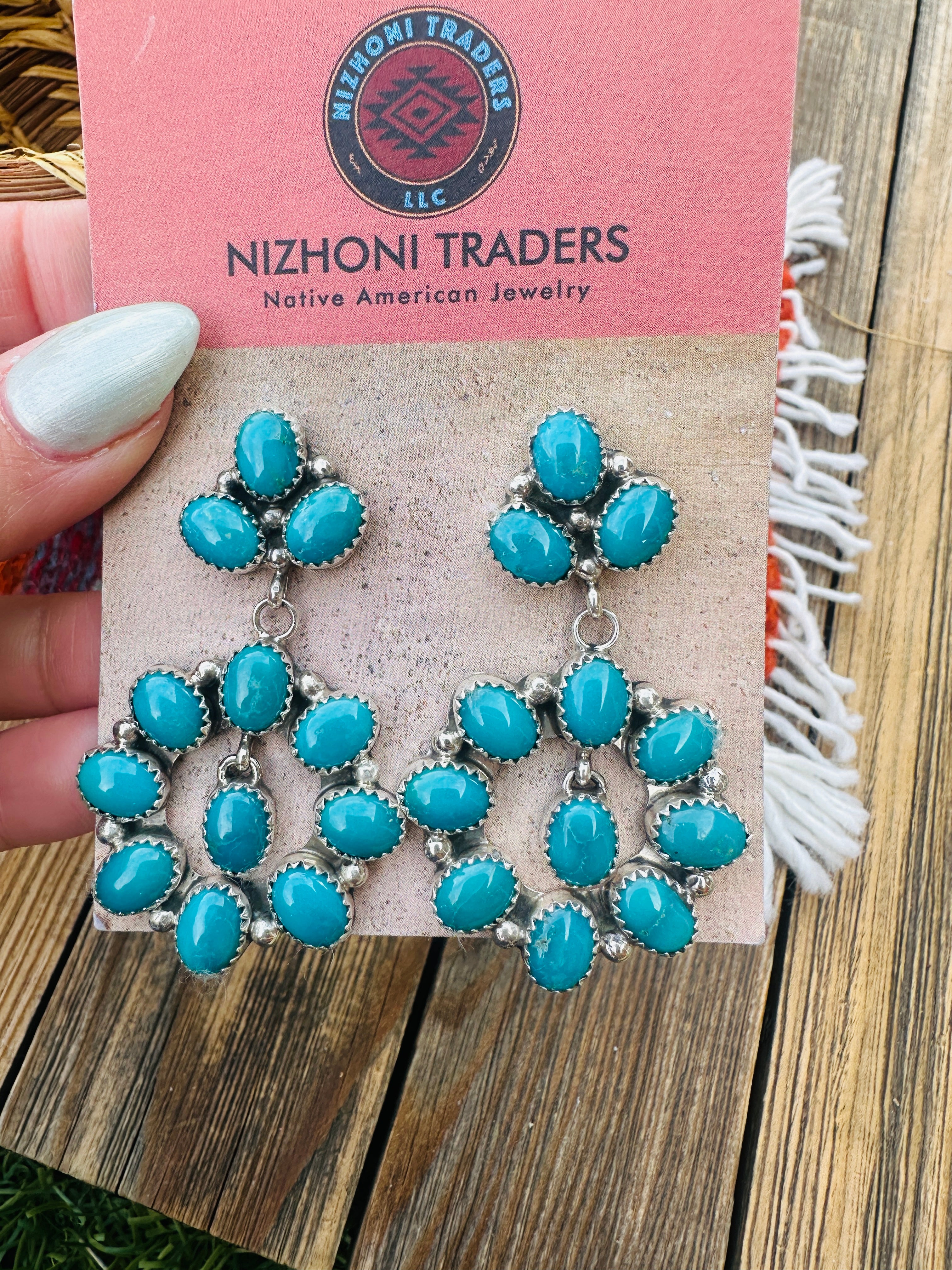 Handcrafted Emerald Valley Turquoise & Sterling Silver Cluster Dangle Earrings