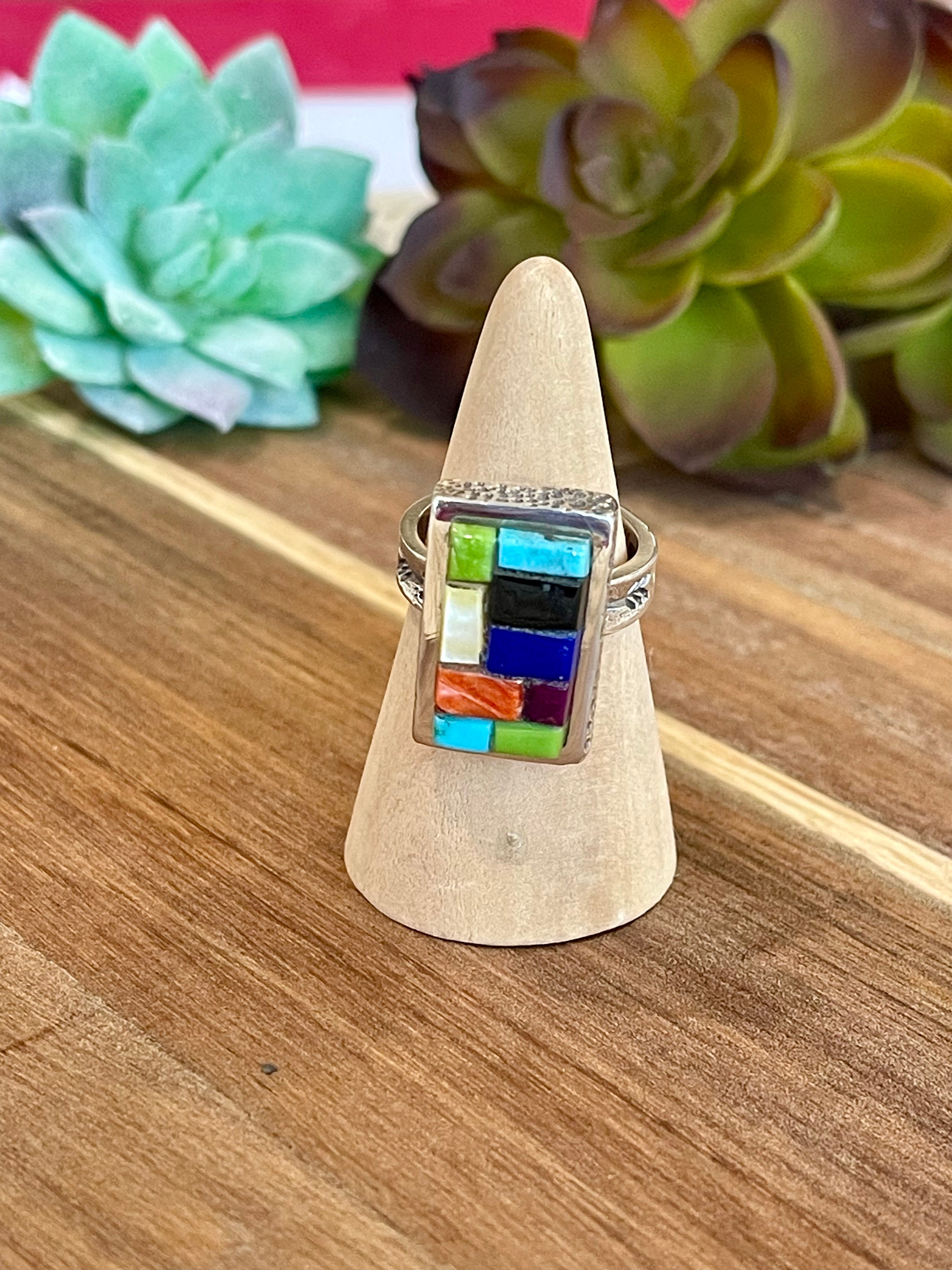 Handmade Sterling Silver & Multi Stone Inlay Ring Size 8