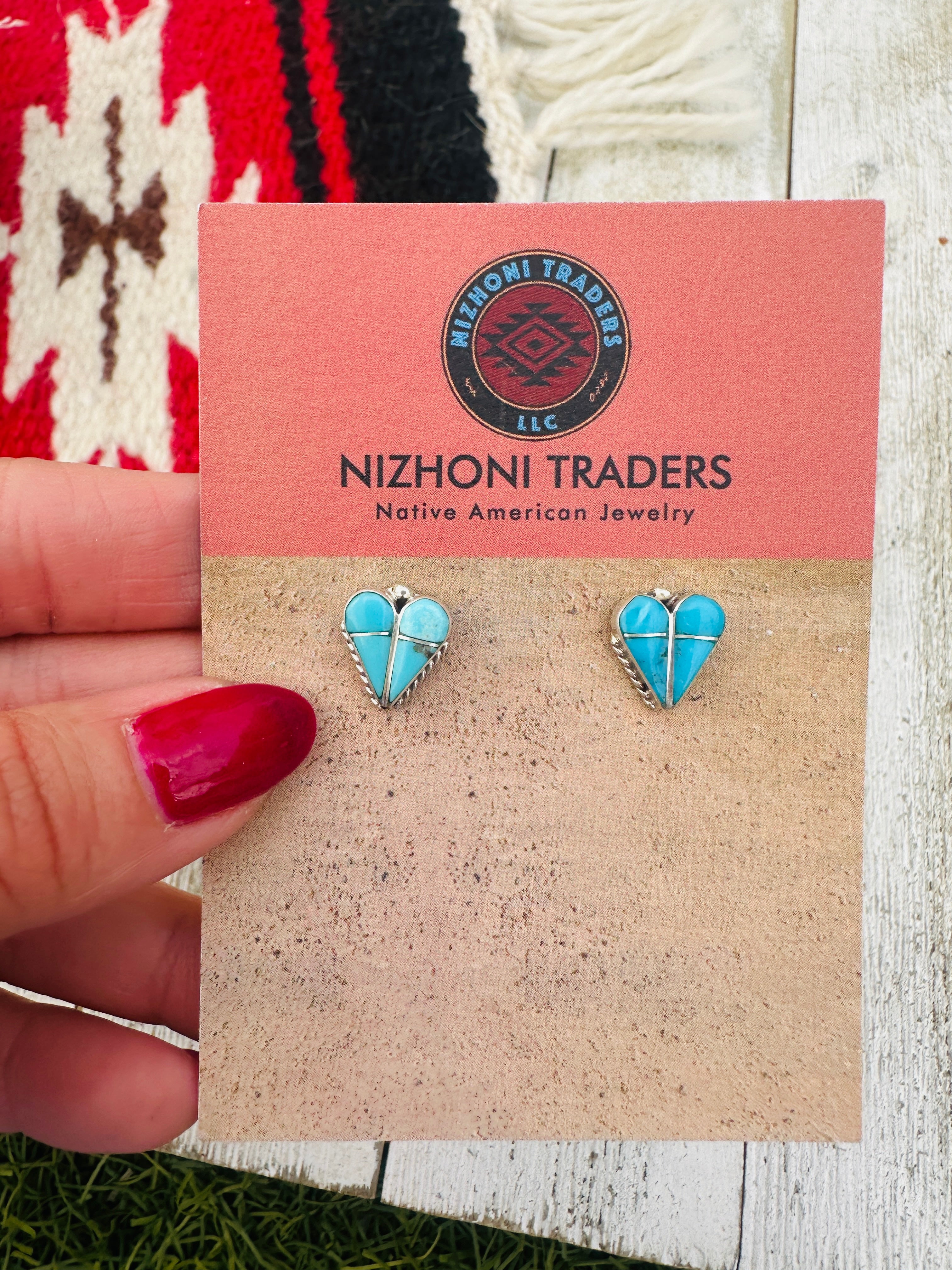 Handcrafted Turquoise & Sterling Silver Inlay Heart Stud Earrings