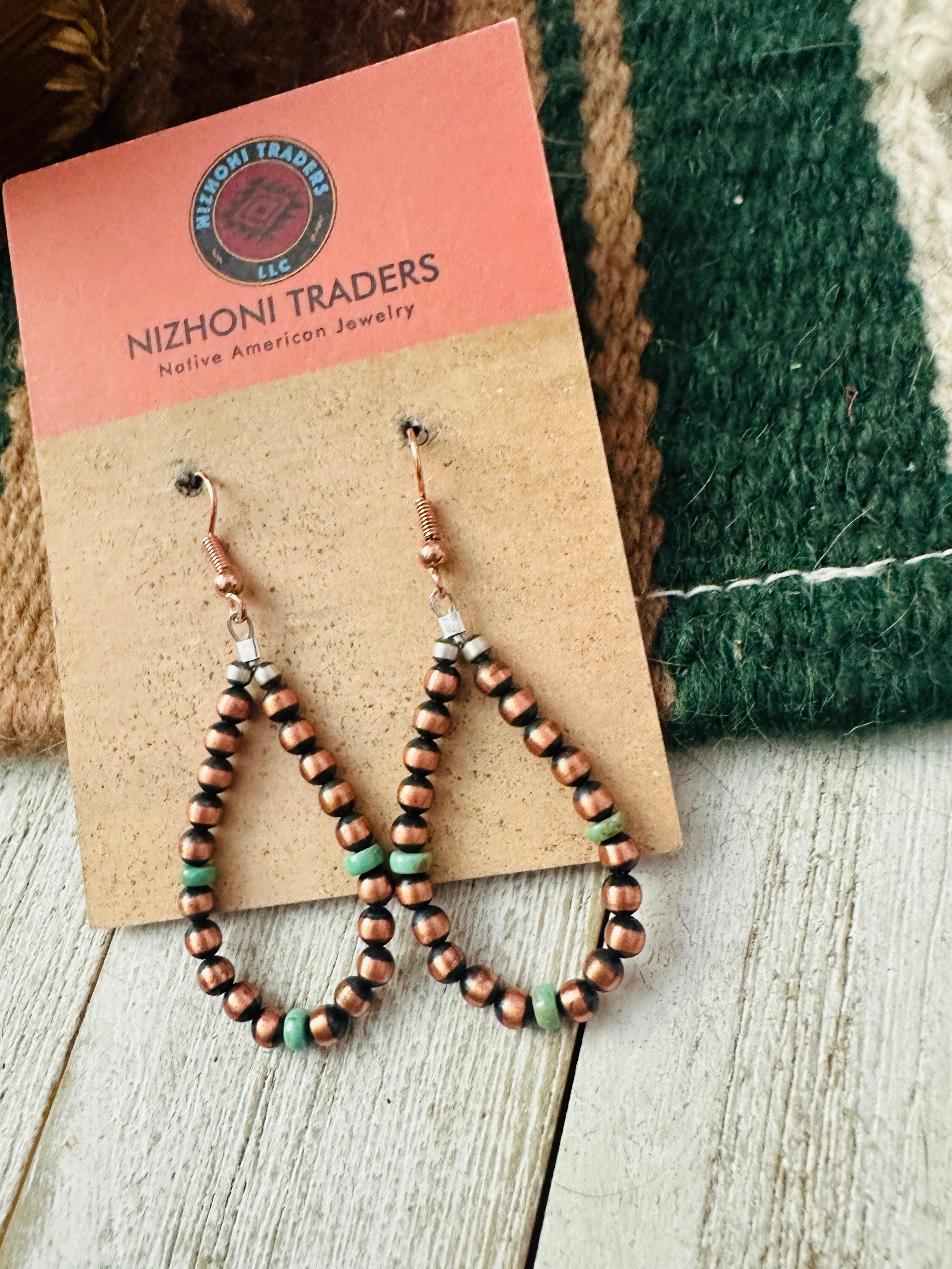 Handcrafted Copper & Turquoise Beaded Dangle Hoop Earrings