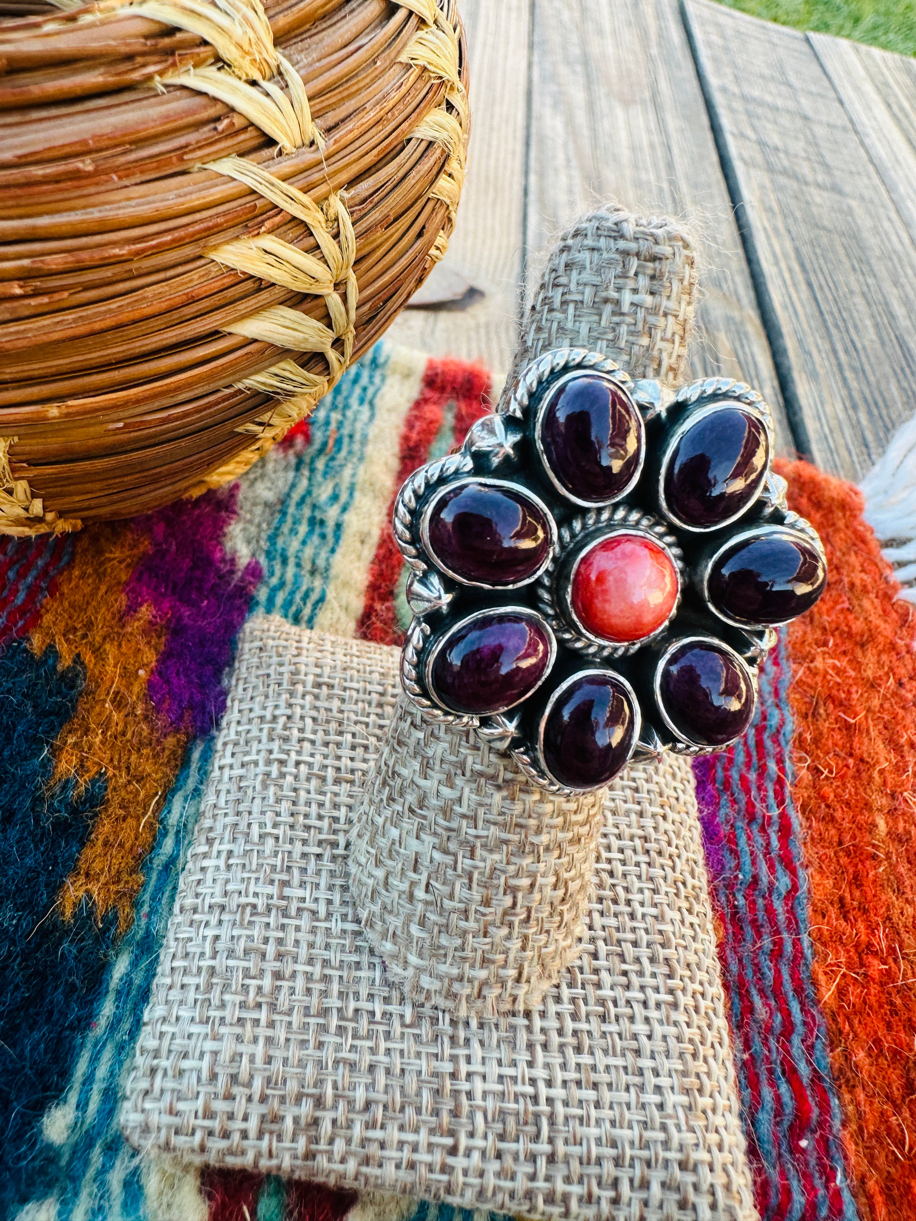 Handcrafted Spiny Oyster & Sterling Silver Cluster Flower Ring Size 7