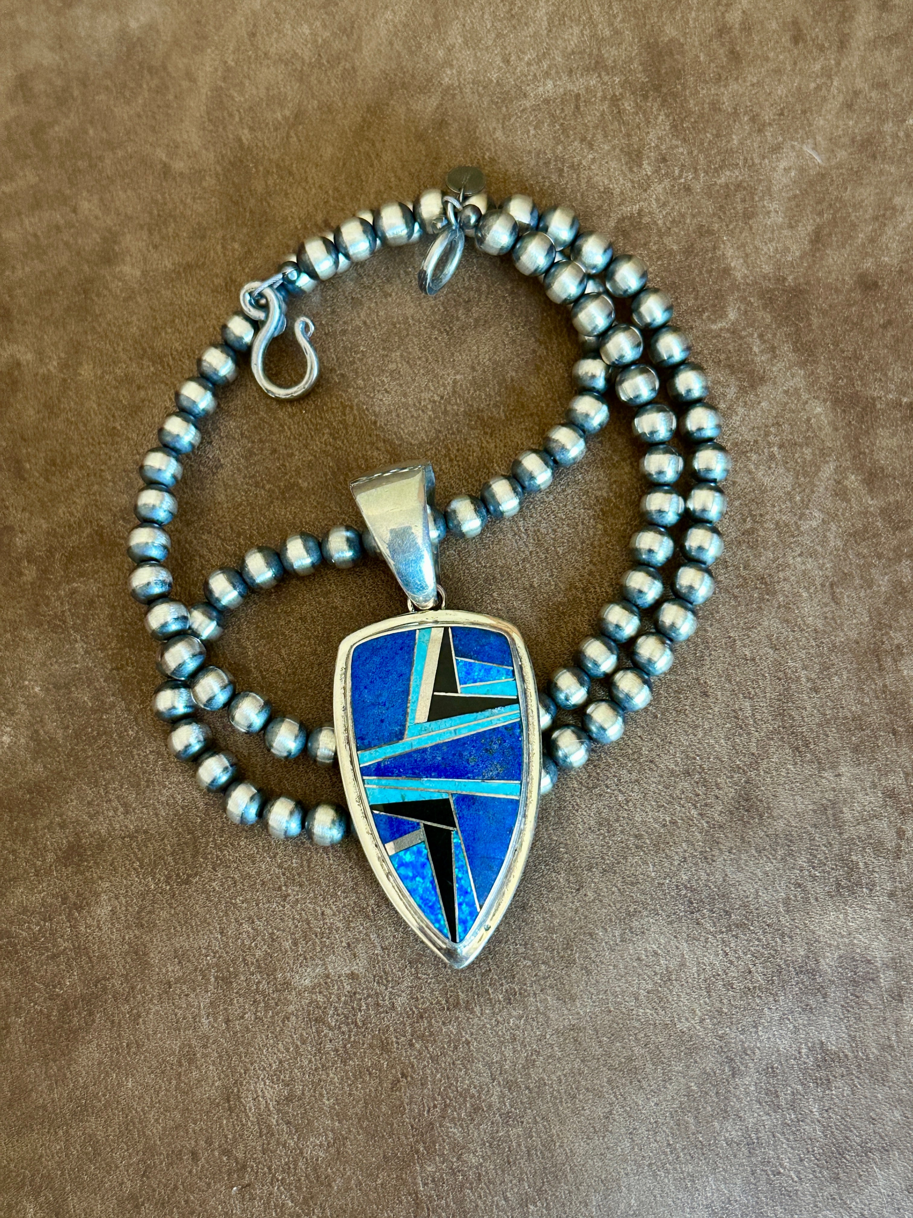 Handcrafted Lapis, Turquoise, Blue Opal Shield Pendant 2.5”