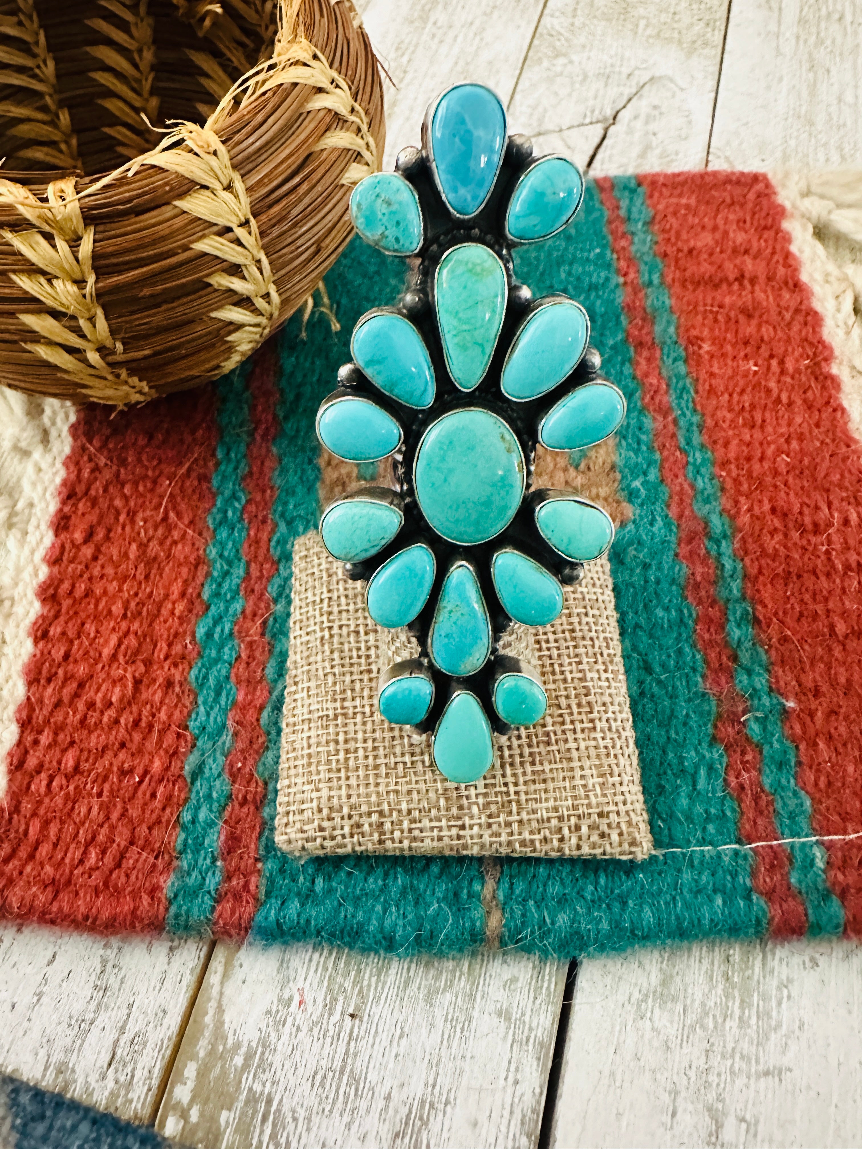 Handcrafted Sterling Silver & Turquoise Cluster Ring Size 6