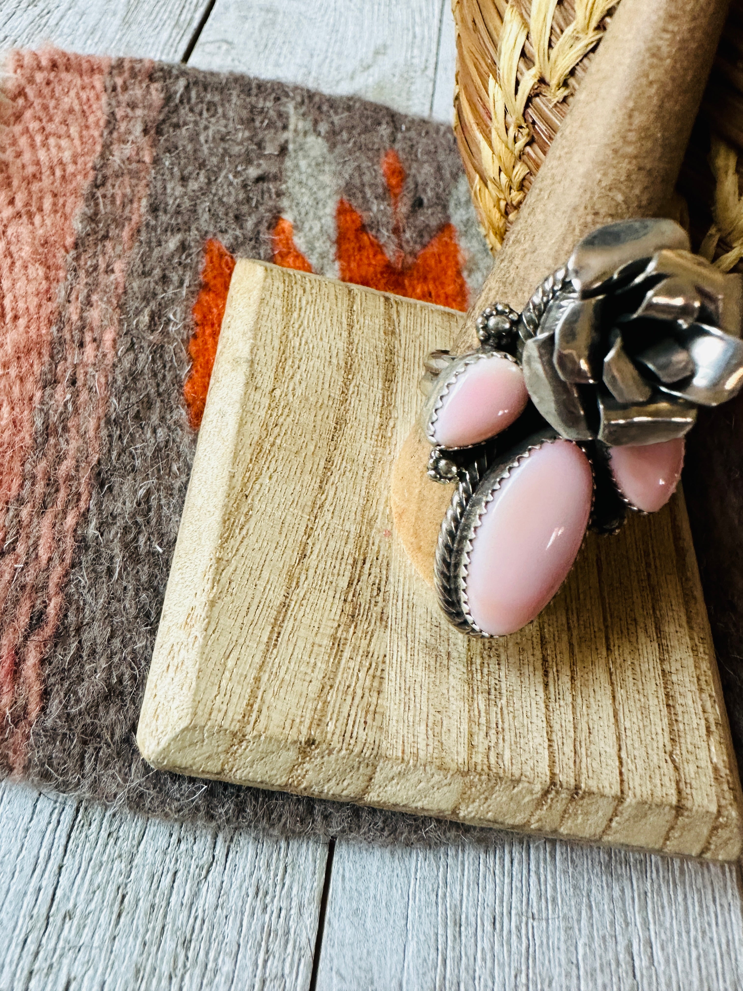 Handcrafted Sterling Silver & Queen Pink Conch Rose Adjustable Ring