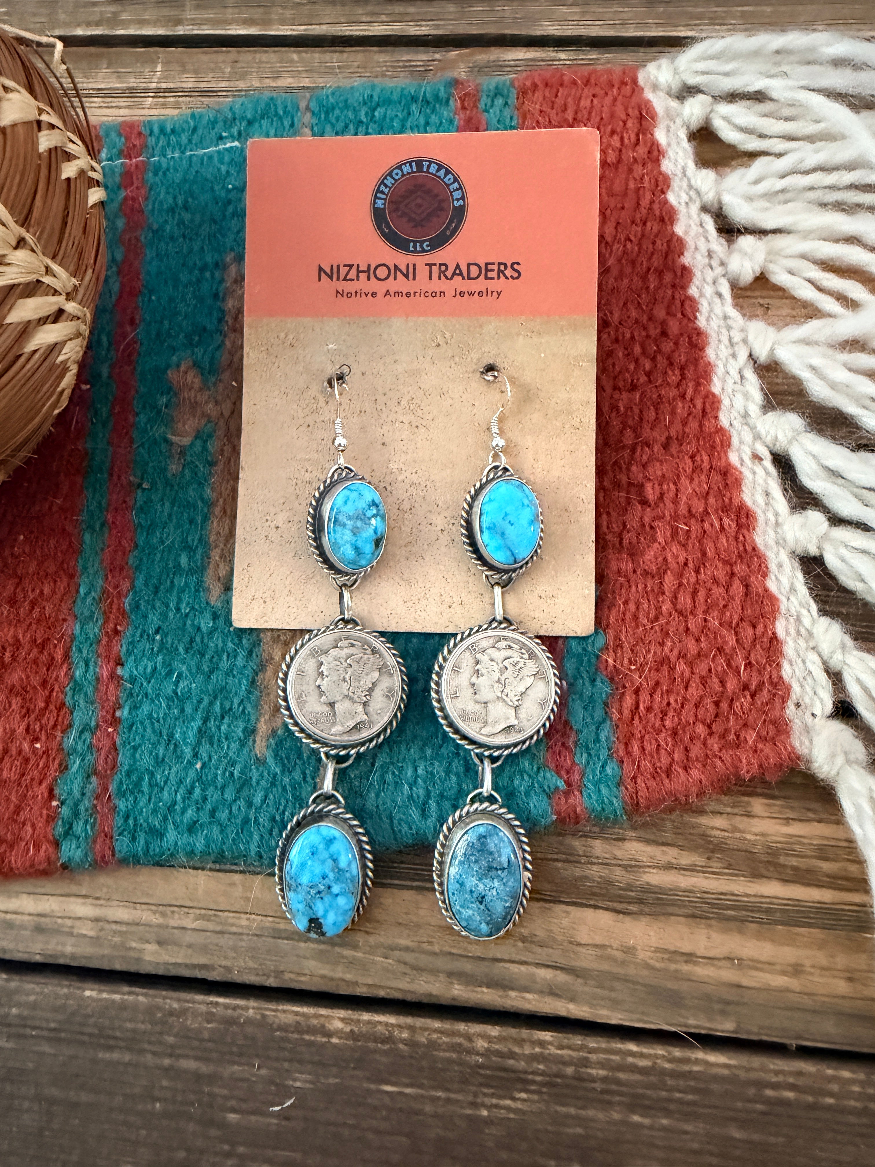 Handcrafted Turquoise & Sterling Silver Liberty Dime Dangle Earrings by Hiram Largo