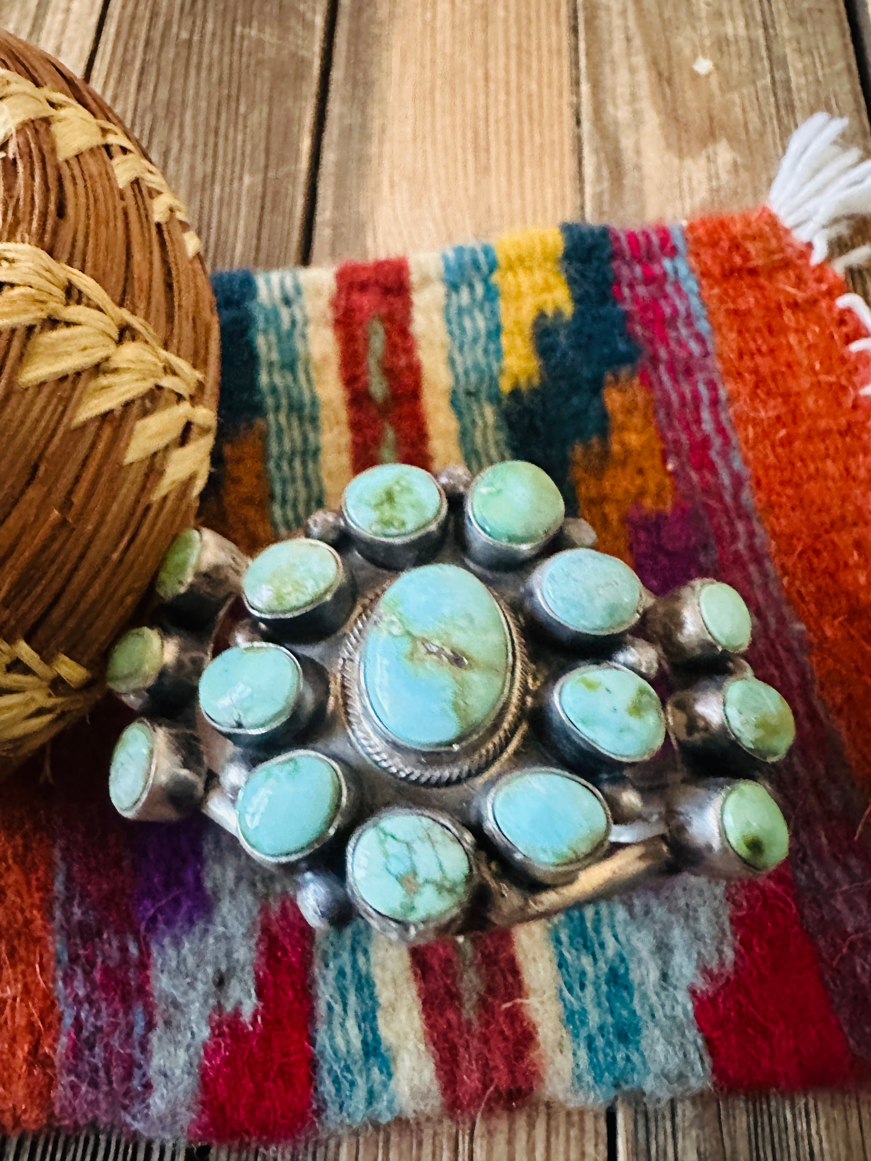 Handcrafted Sonoran Mountain Turquoise & Sterling Silver Cluster Cuff Bracelet by Bobby Johnson