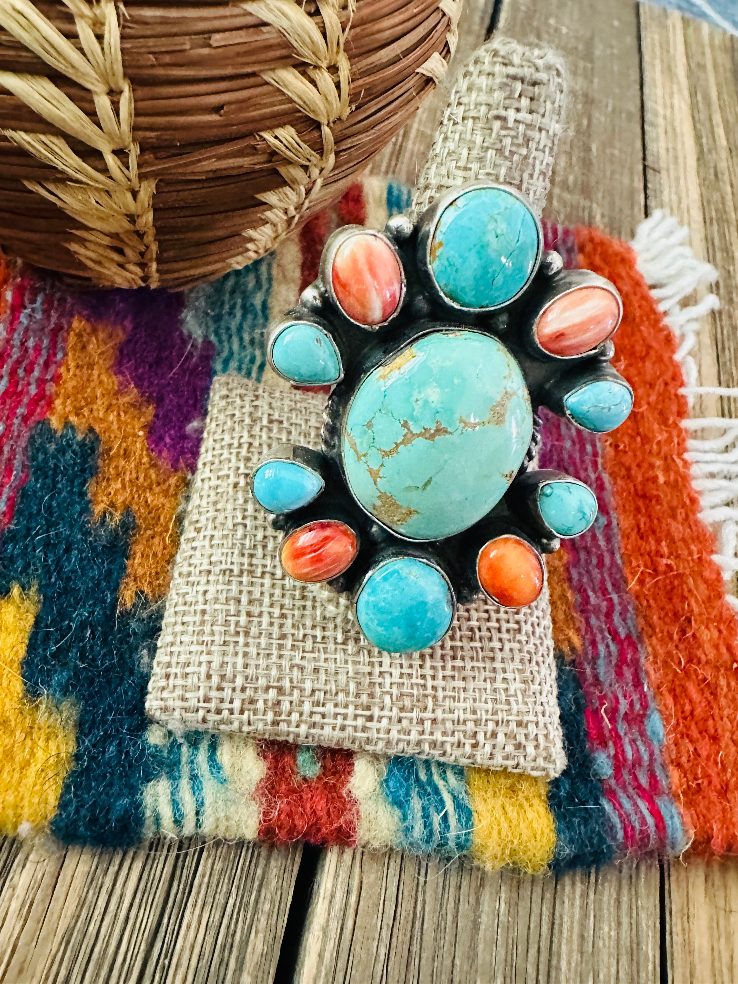 Handcrafted Spiny, Turquoise & Sterling Silver Cluster Ring Size 9.5 by Sheila Becenti