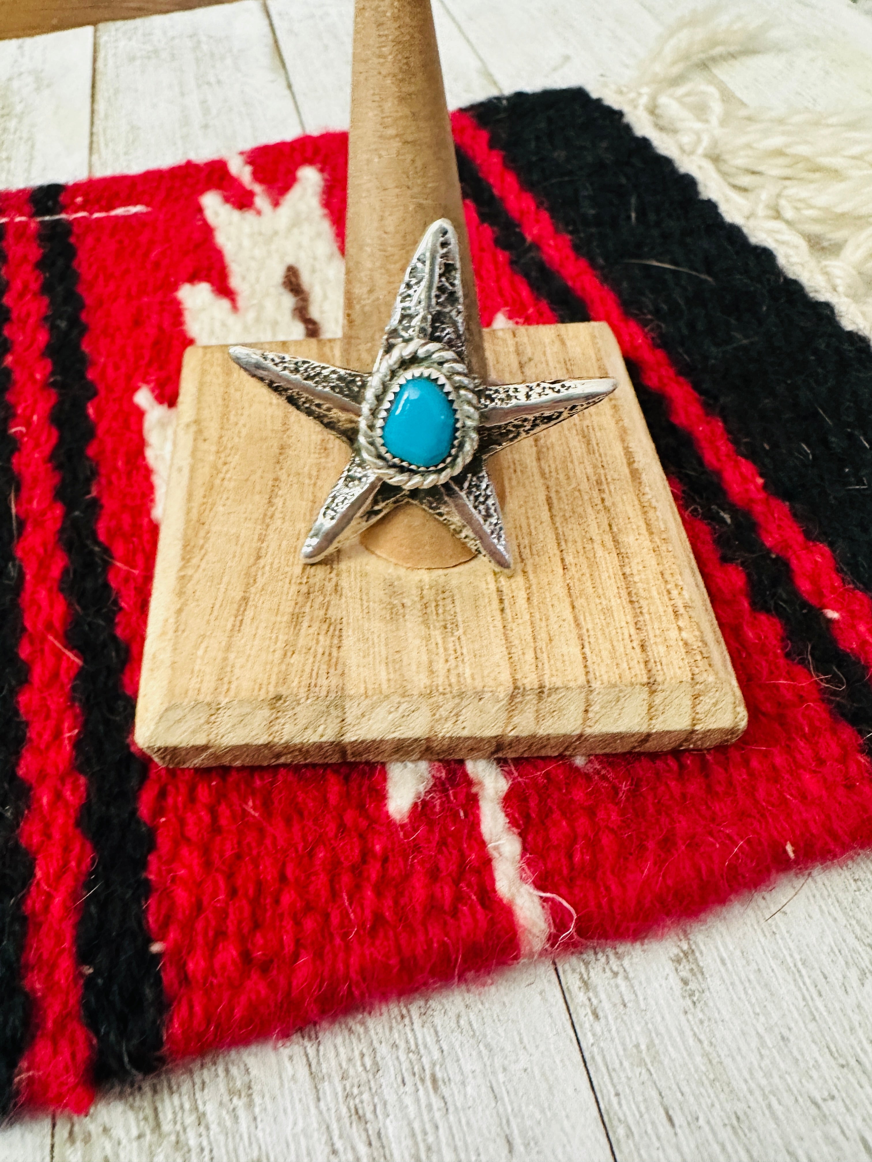 Hand Cast Turquoise & Sterling Silver Star Ring Size 9.75