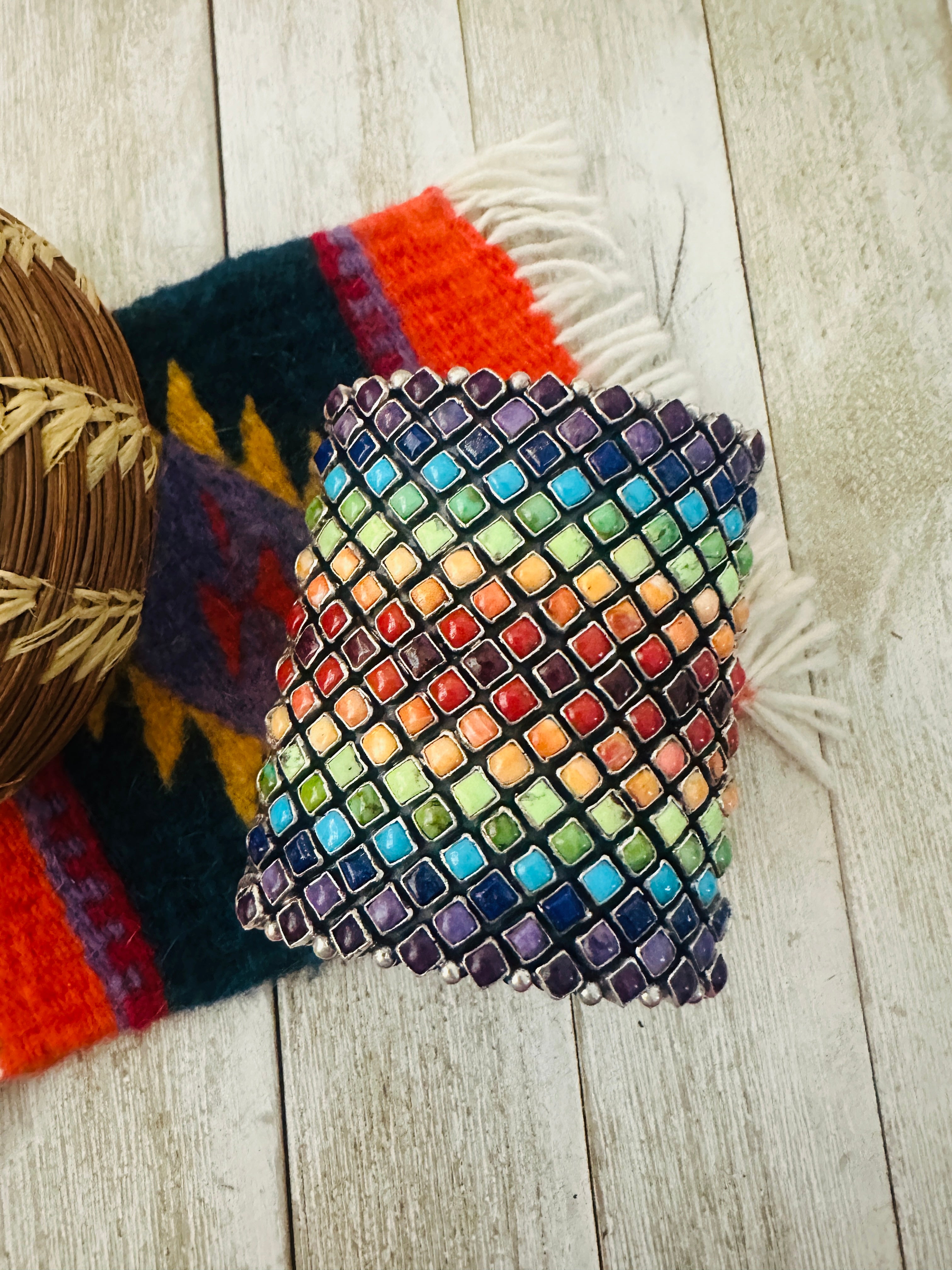 Handcrafted Rainbow Multi Stone & Sterling Silver Cuff Bracelet by Alice Lister