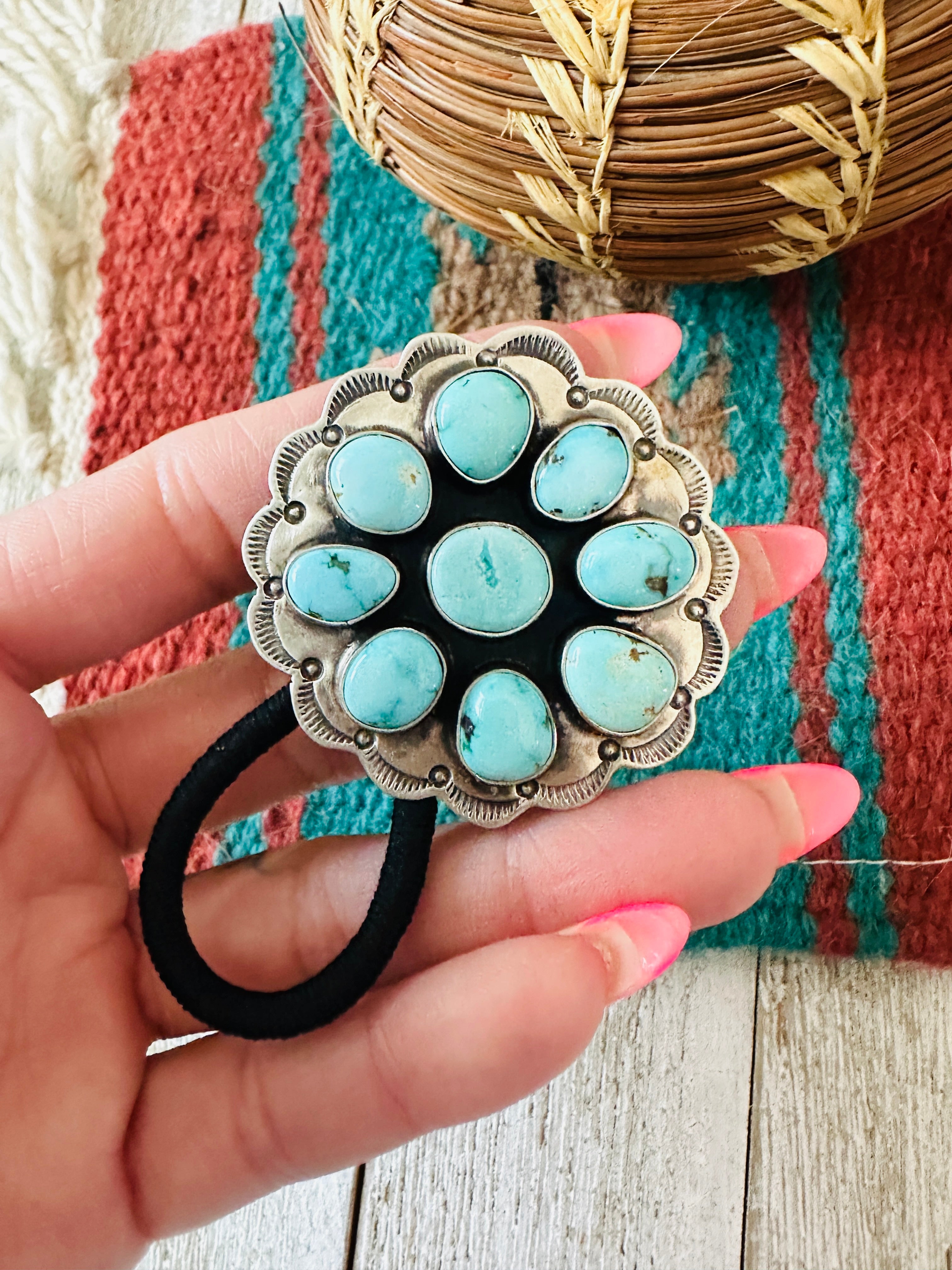 Handcrafted Turquoise & Sterling Silver Cluster Hair Tie
